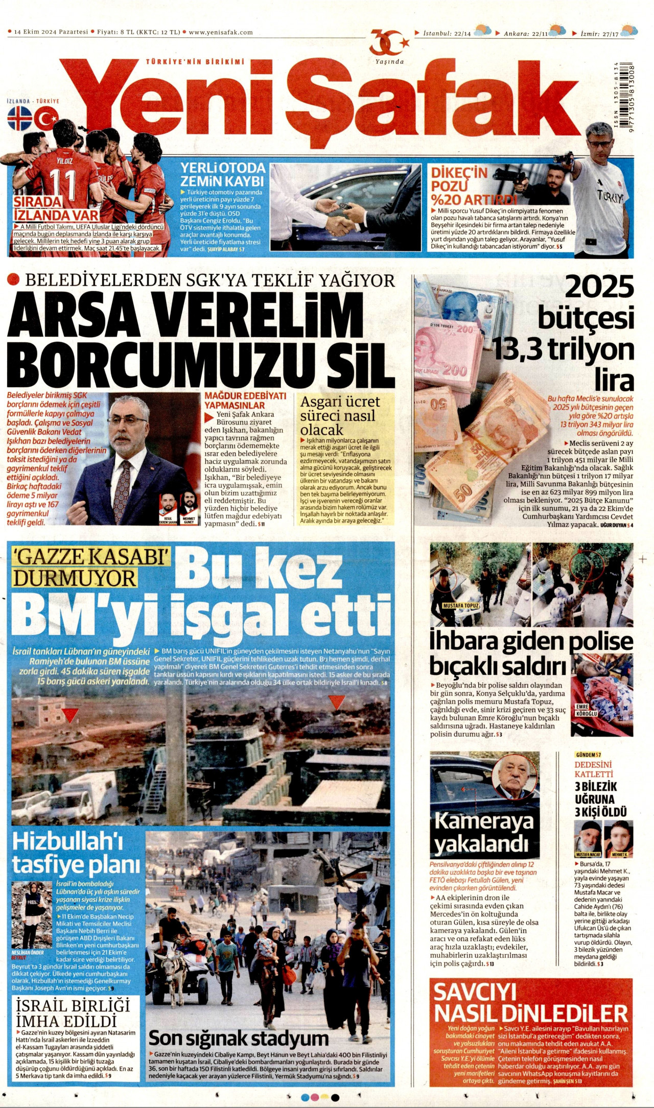 YENİ ŞAFAK gazetesinin 14 Ekim 2024 tarihli birinci sayfası