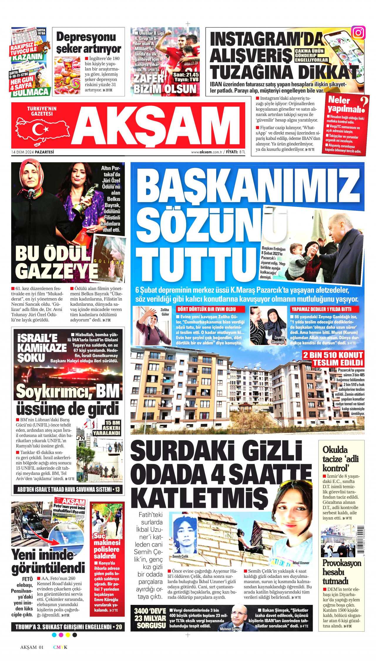 AKŞAM gazetesinin 14 Ekim 2024 tarihli birinci sayfası