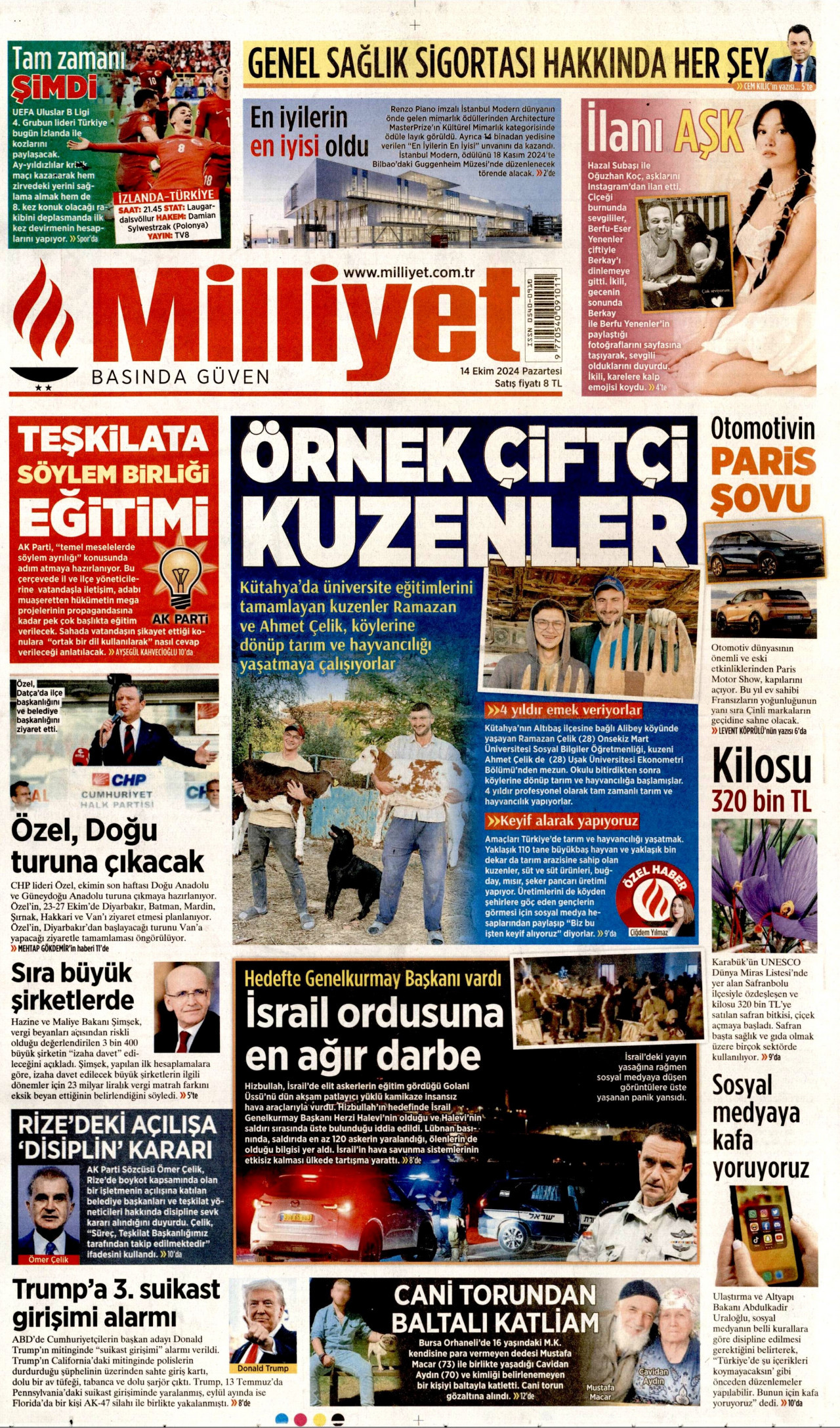 MİLLİYET gazetesinin 14 Ekim 2024 tarihli birinci sayfası