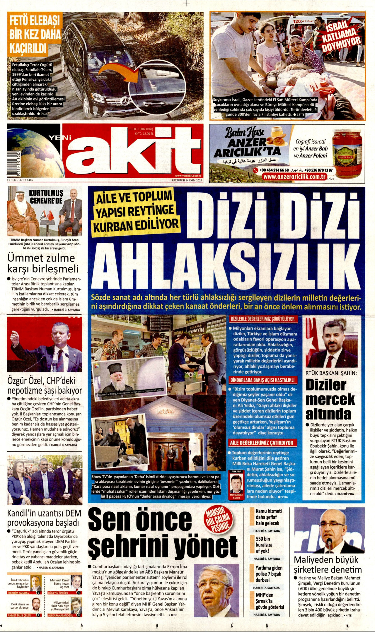 YENİ AKİT gazetesinin 14 Ekim 2024 tarihli birinci sayfası