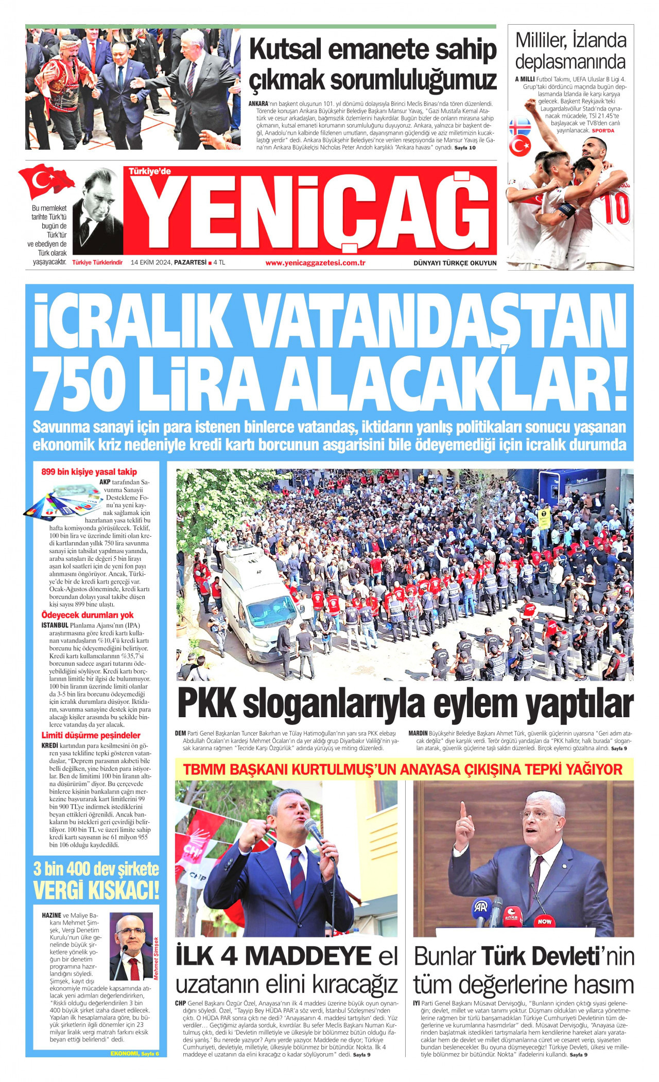 YENİÇAĞ gazetesinin 14 Ekim 2024 tarihli birinci sayfası