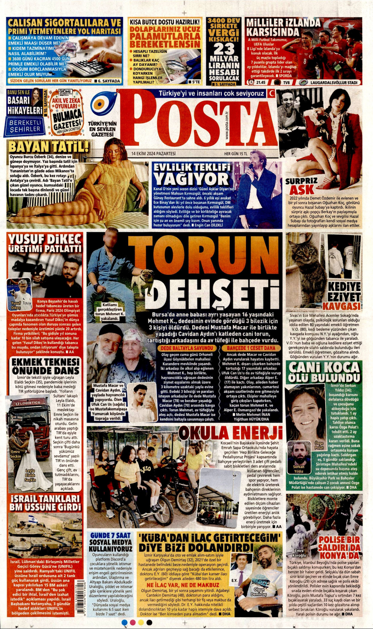 POSTA gazetesinin 14 Ekim 2024 tarihli birinci sayfası