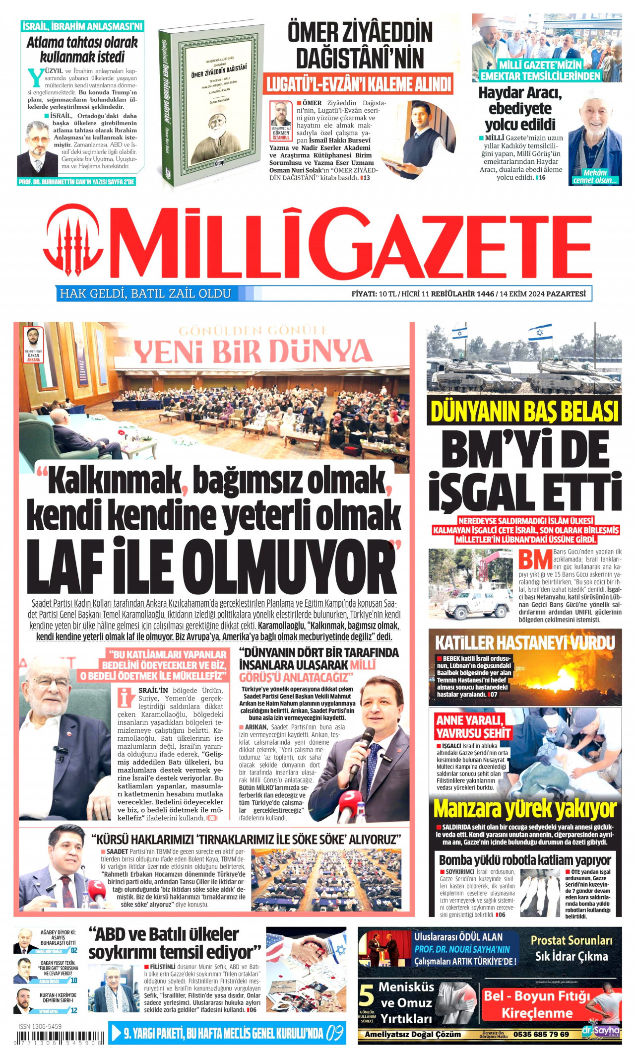 MİLLİ GAZETE gazetesinin 14 Ekim 2024 tarihli birinci sayfası