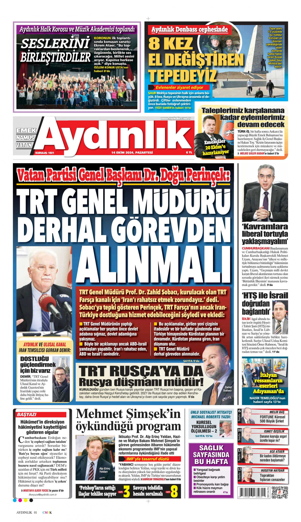 AYDINLIK GAZETESİ gazetesinin 14 Ekim 2024 tarihli birinci sayfası