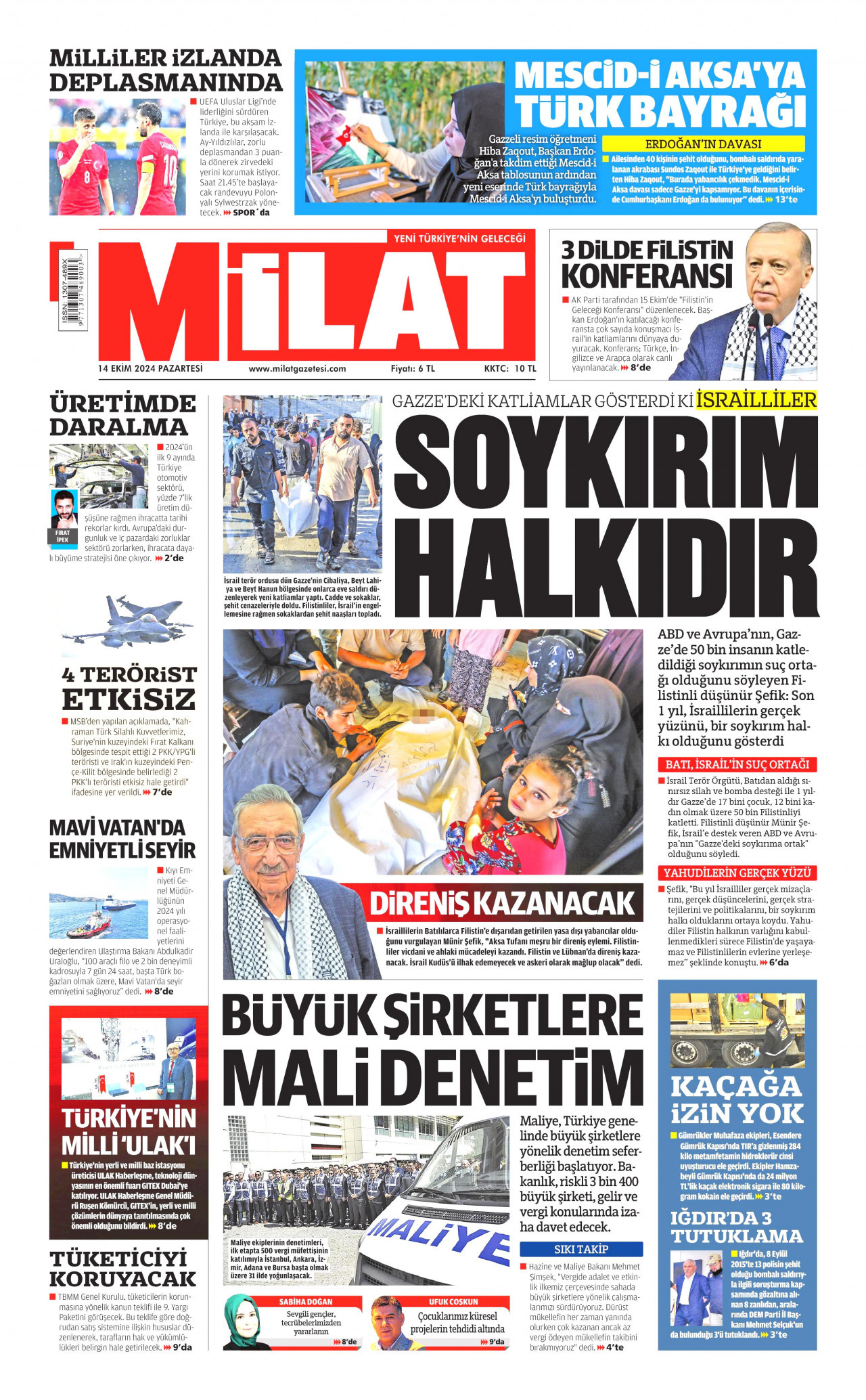 MİLAT gazetesinin 14 Ekim 2024 tarihli birinci sayfası