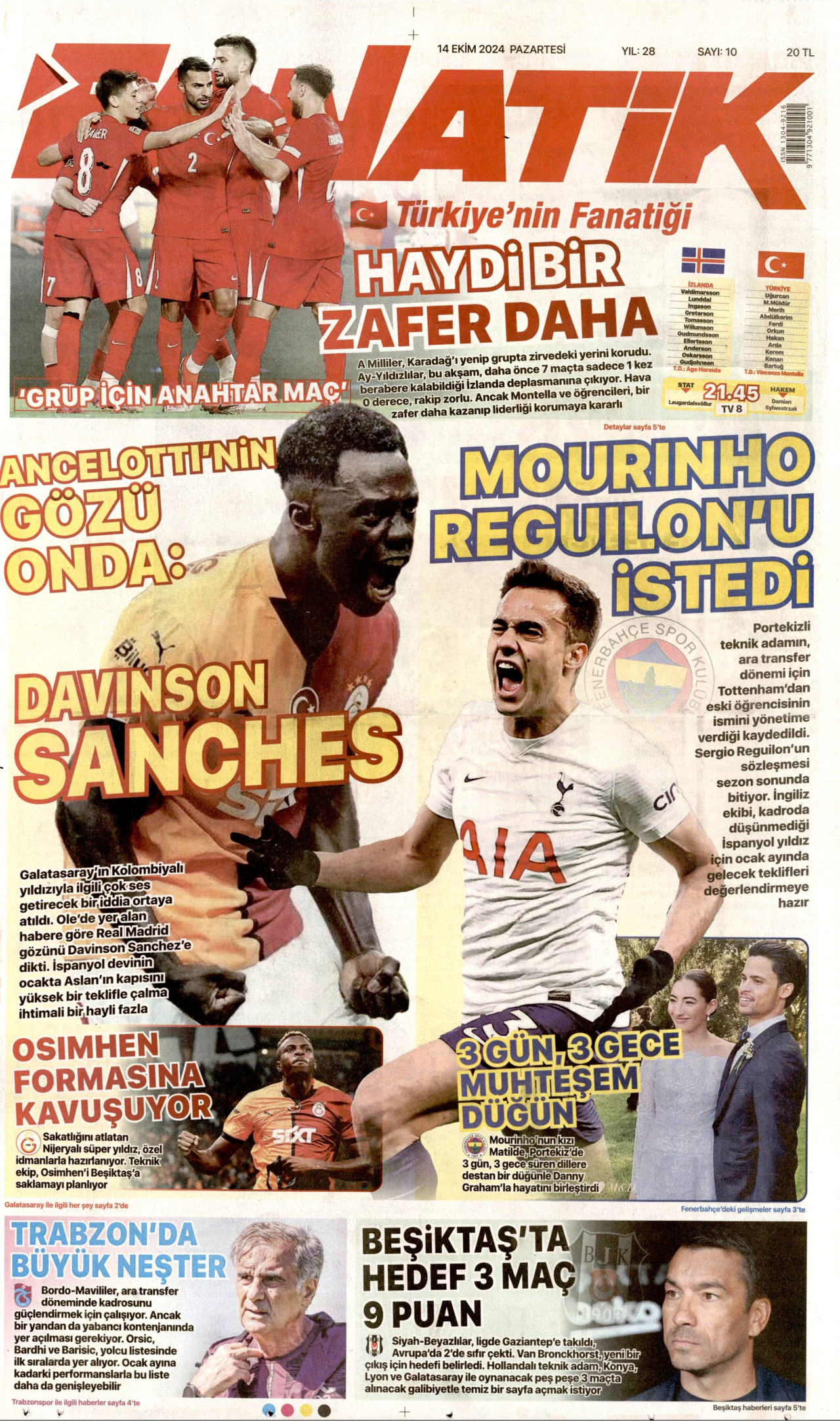 FANATİK gazetesinin 14 Ekim 2024 tarihli birinci sayfası