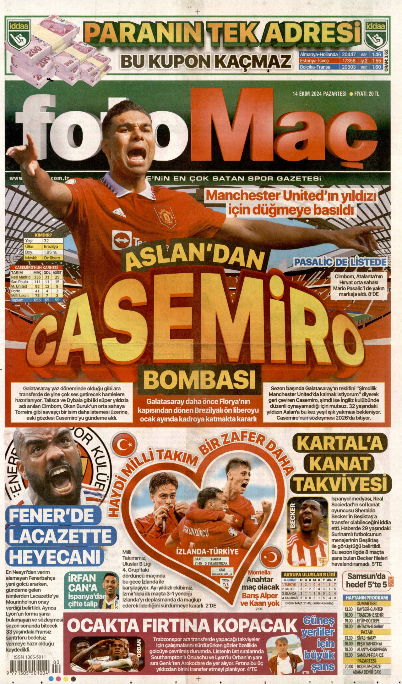 FOTOMAÇ gazetesinin 14 Ekim 2024 tarihli birinci sayfası
