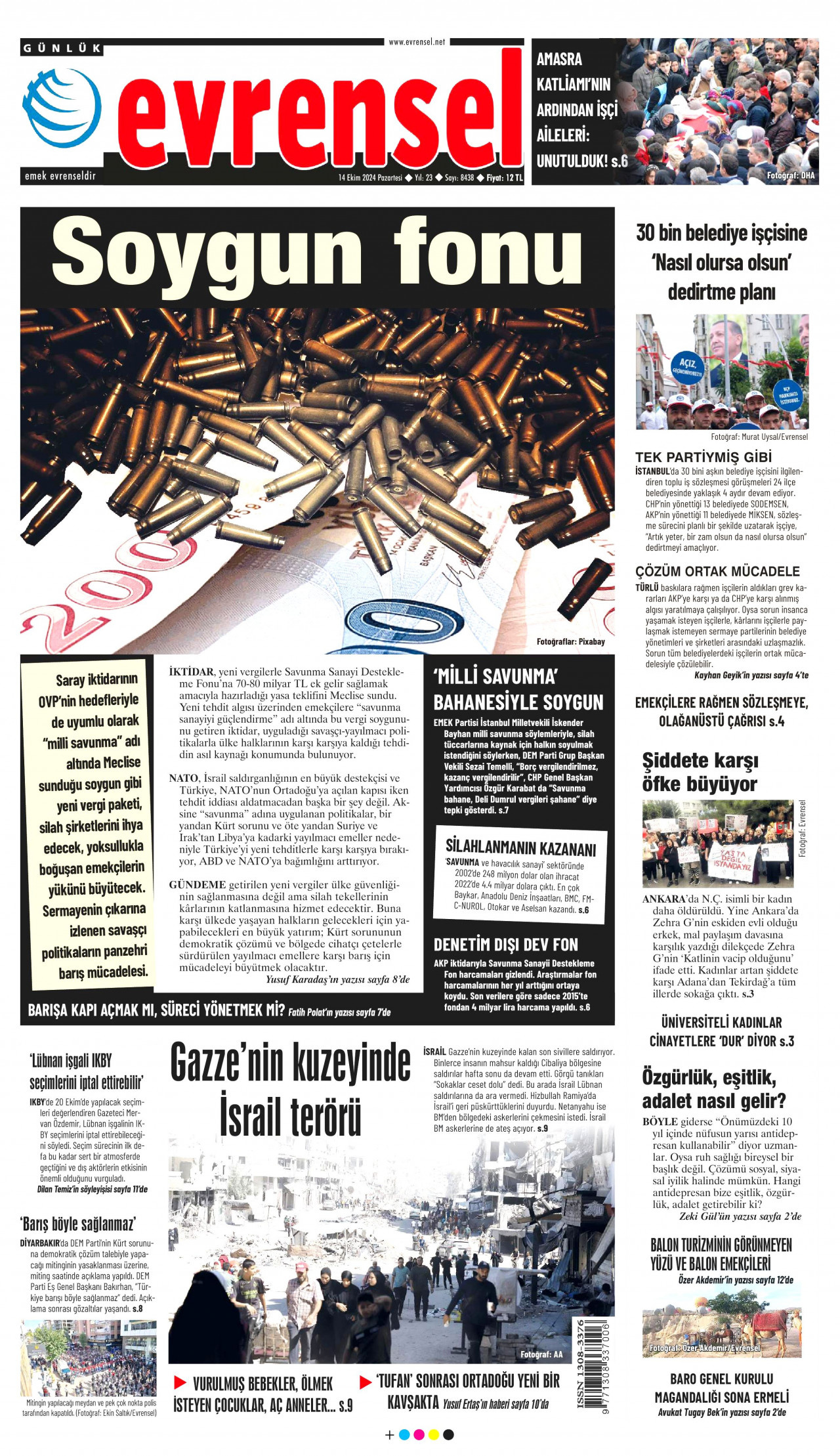 EVRENSEL gazetesinin 14 Ekim 2024 tarihli birinci sayfası