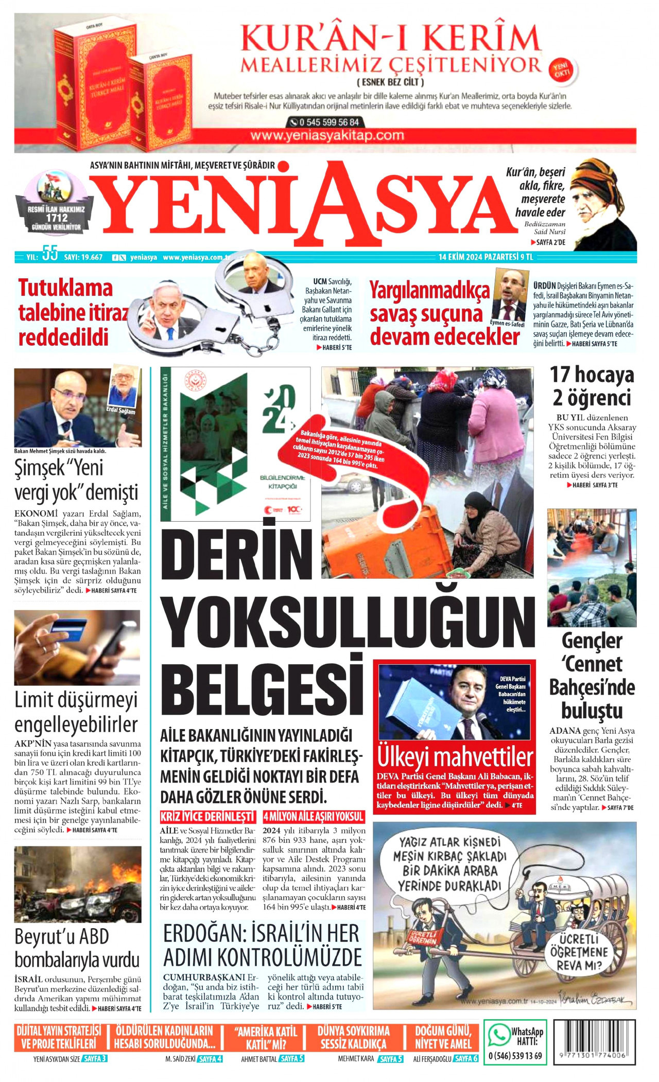 YENİ ASYA gazetesinin 14 Ekim 2024 tarihli birinci sayfası