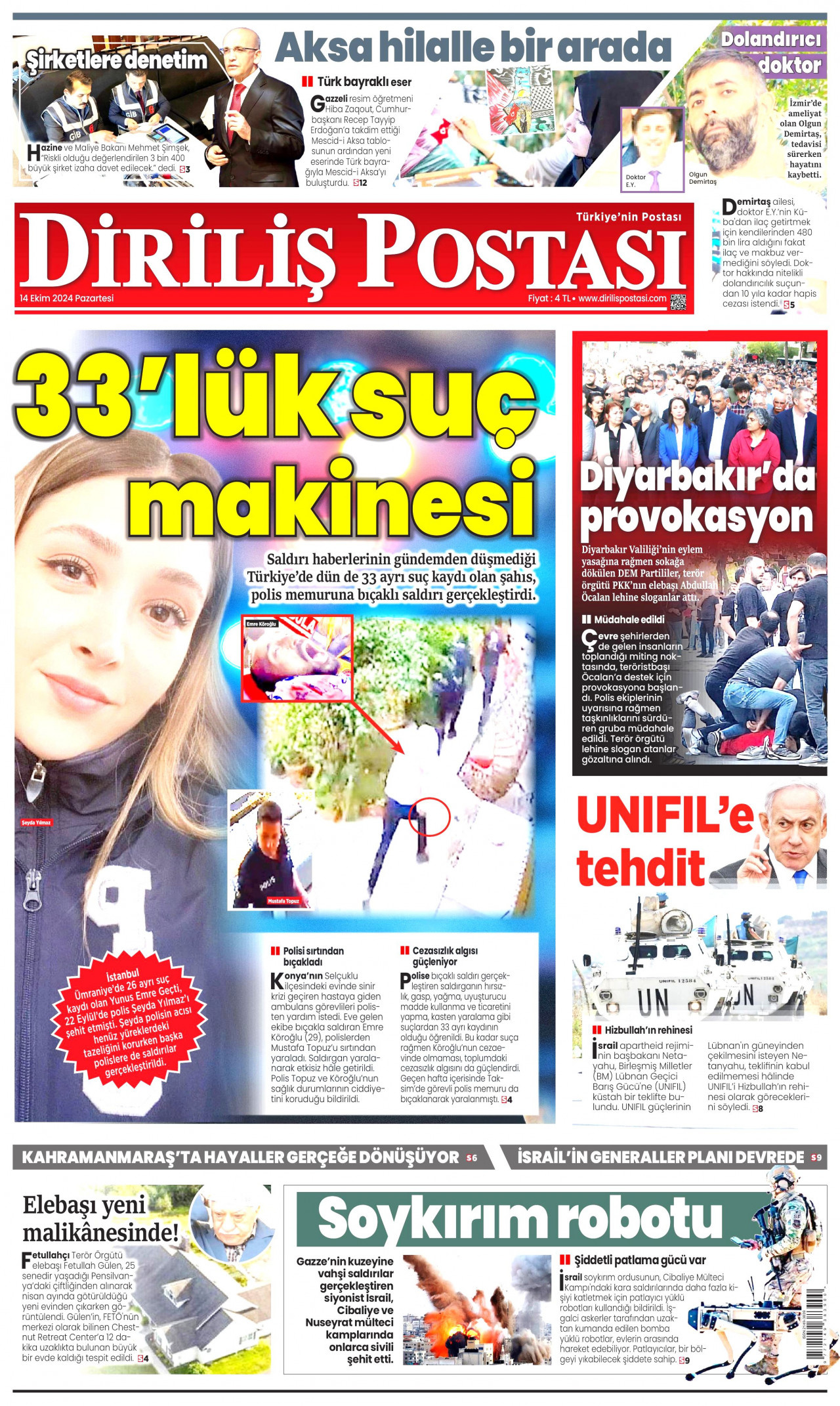 DİRİLİŞ POSTASI gazetesinin 14 Ekim 2024 tarihli birinci sayfası