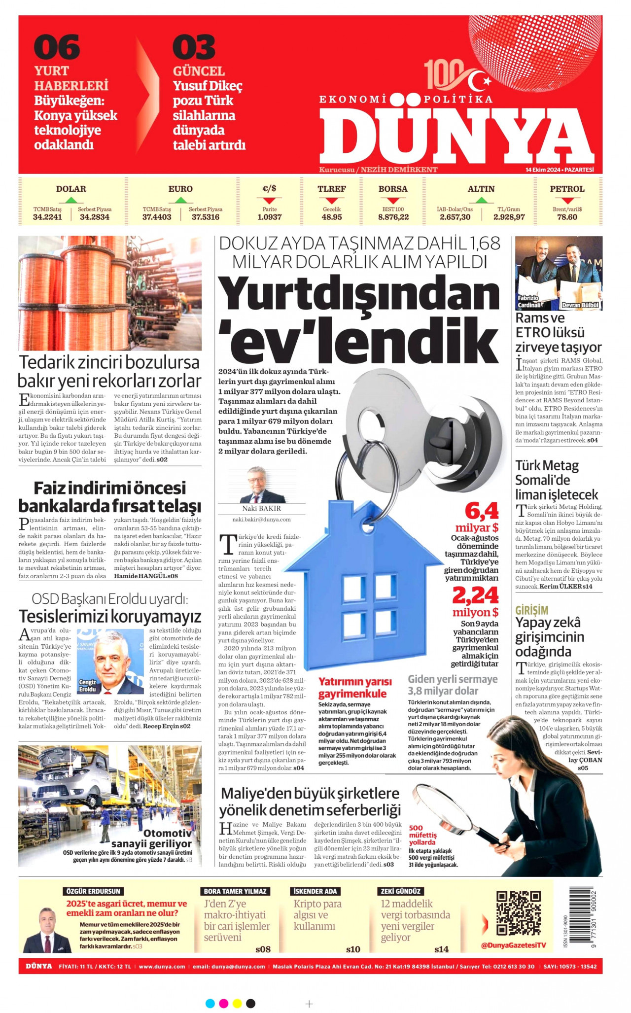 DÜNYA gazetesinin 14 Ekim 2024 tarihli birinci sayfası