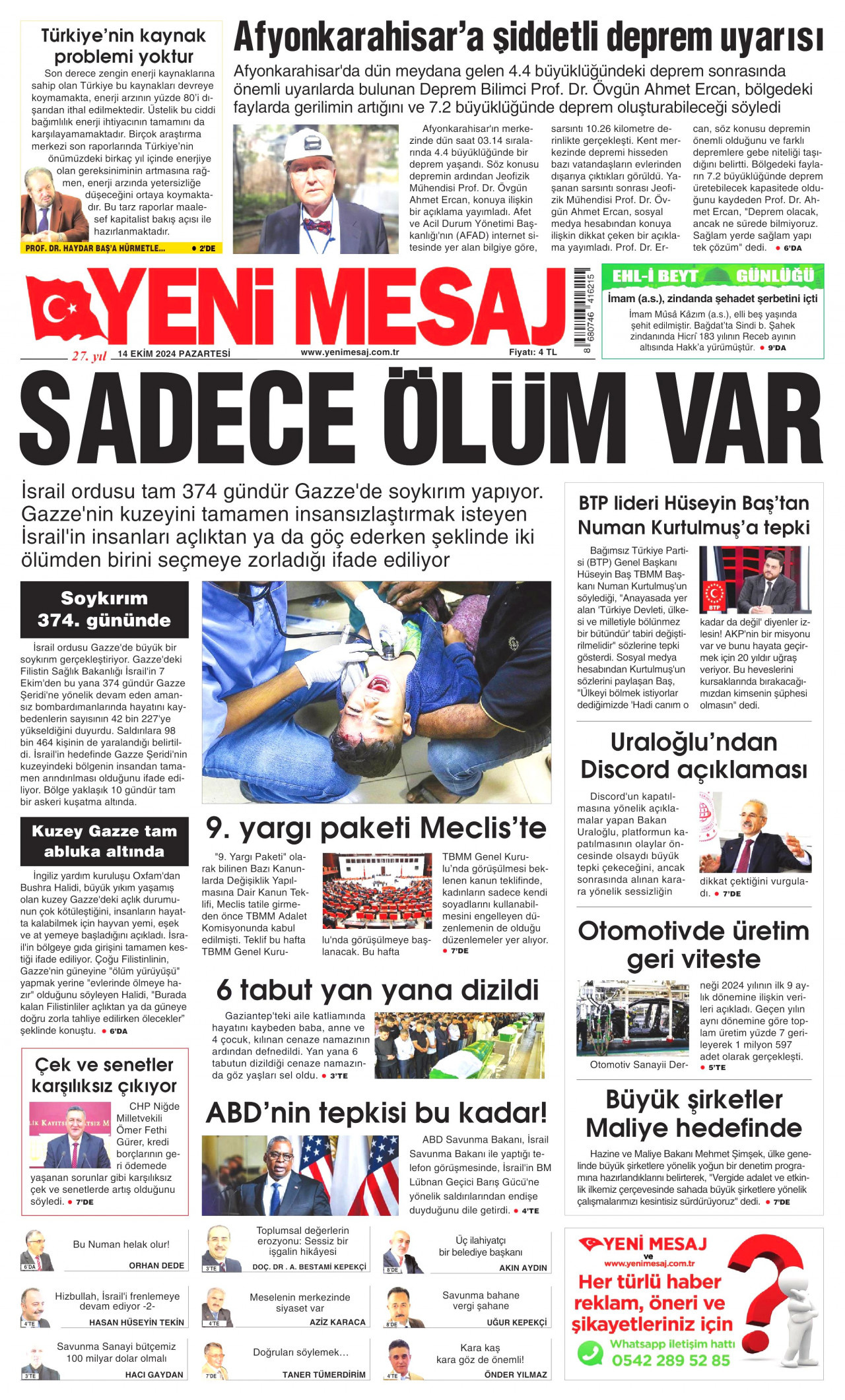 YENİ MESAJ gazetesinin 14 Ekim 2024 tarihli birinci sayfası