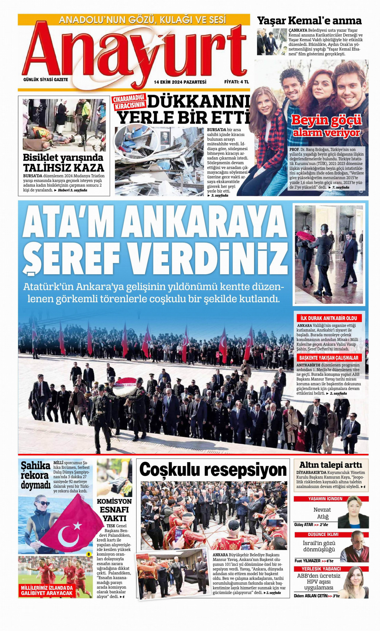 ANAYURT gazetesinin 14 Ekim 2024 tarihli birinci sayfası