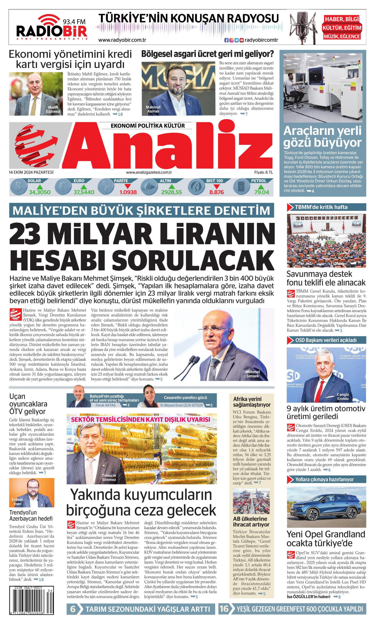 ANALİZ gazetesinin 14 Ekim 2024 tarihli birinci sayfası