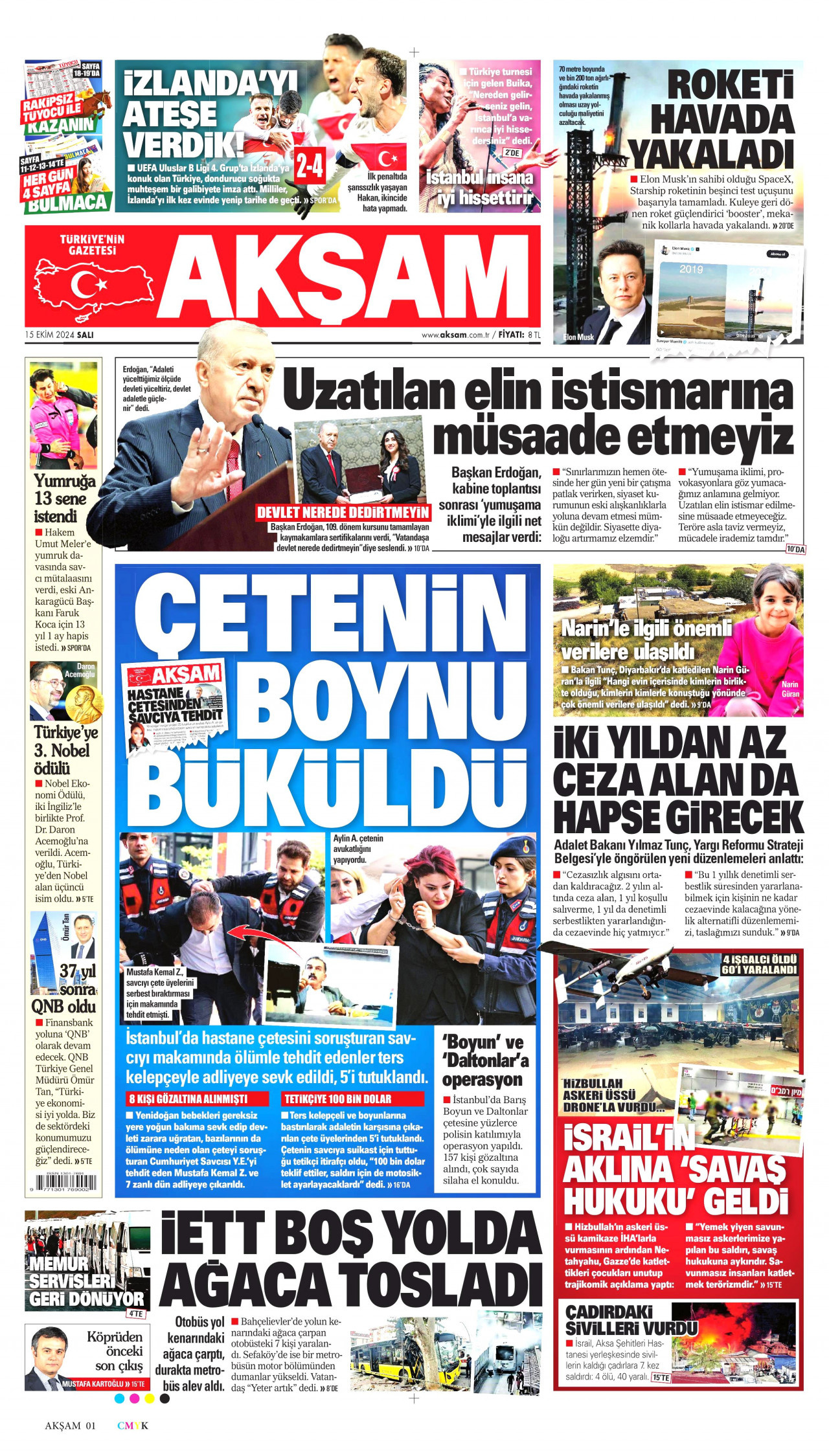 AKŞAM gazetesinin 15 Ekim 2024 tarihli birinci sayfası