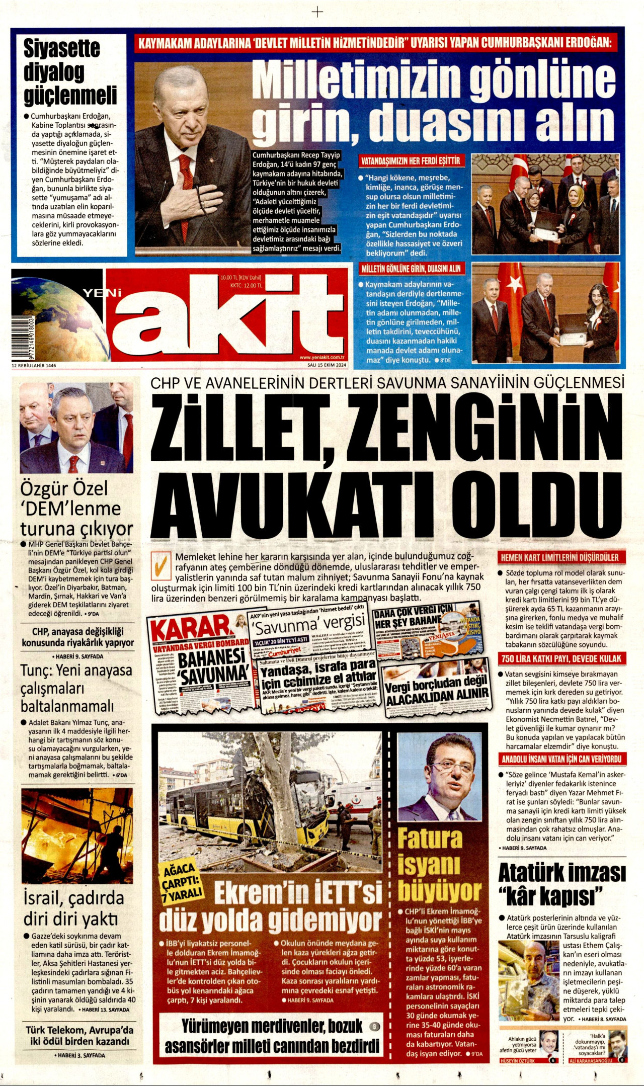 YENİ AKİT gazetesinin 15 Ekim 2024 tarihli birinci sayfası
