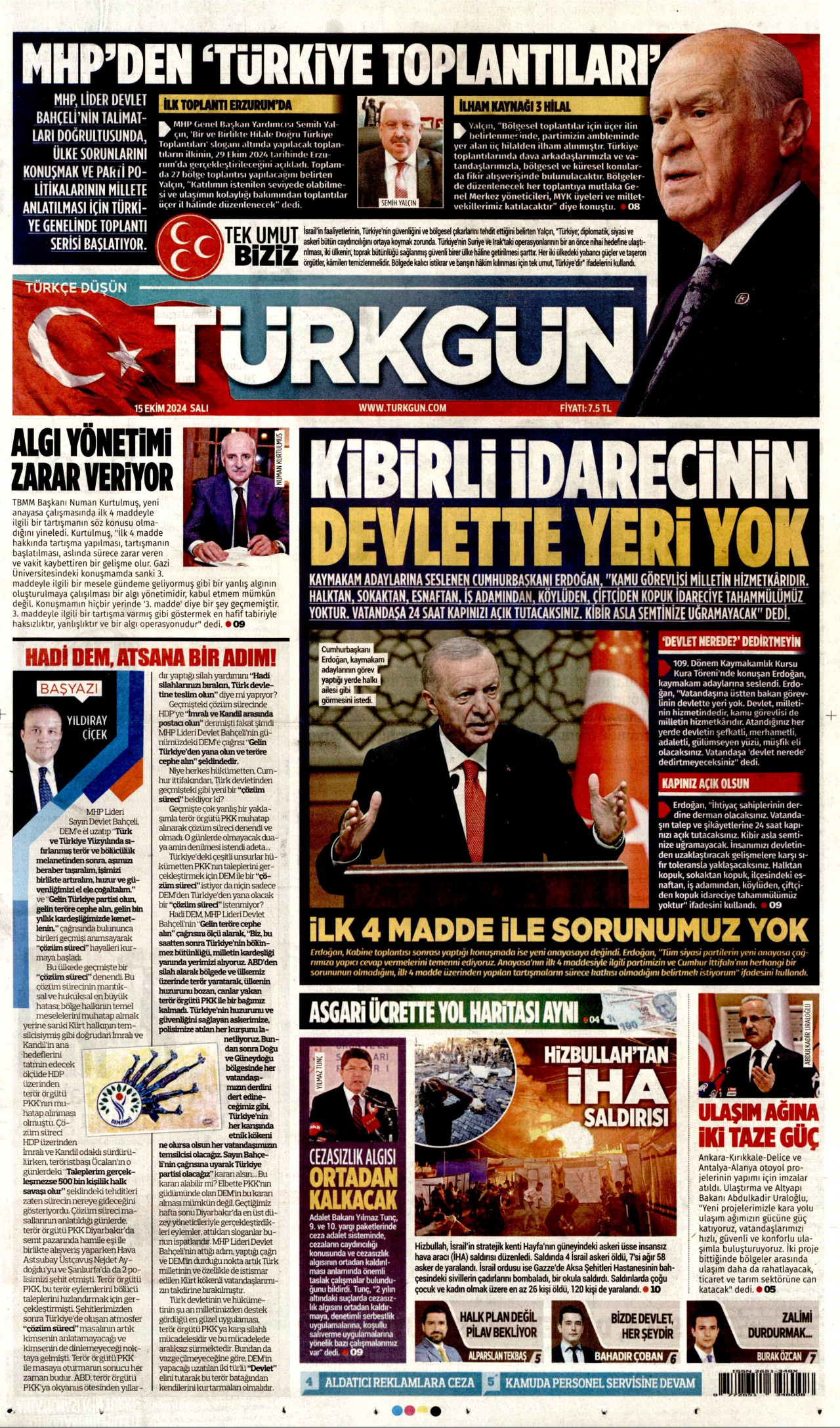 TÜRKGÜN gazetesinin 15 Ekim 2024 tarihli birinci sayfası