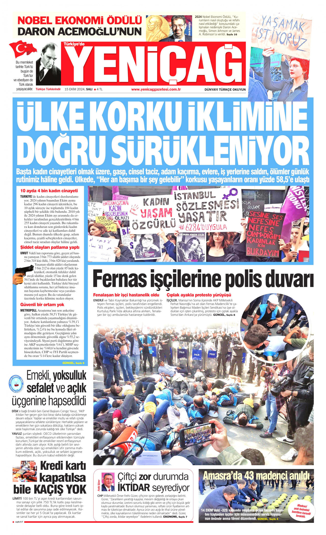 YENİÇAĞ gazetesinin 15 Ekim 2024 tarihli birinci sayfası