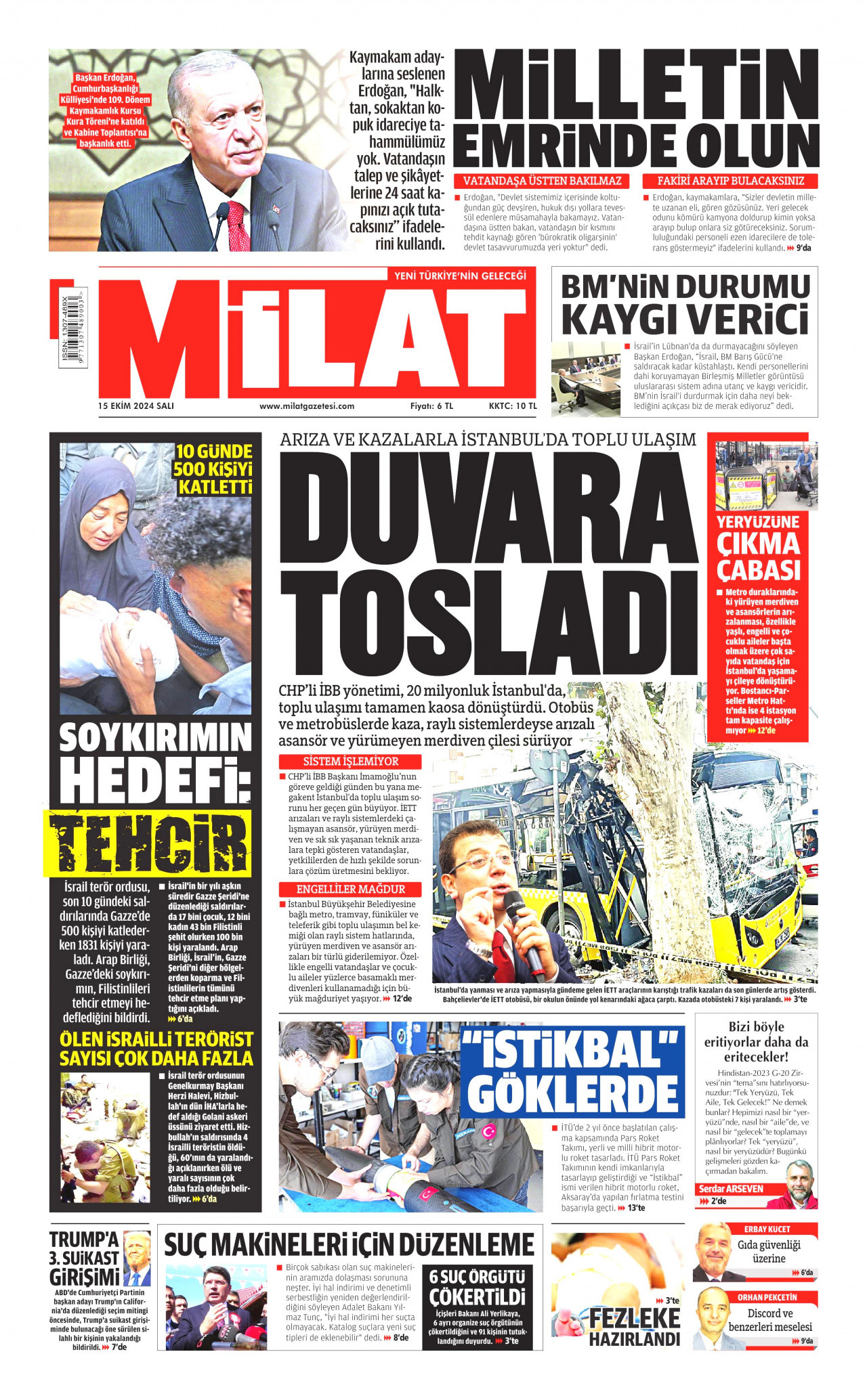 MİLAT gazetesinin 15 Ekim 2024 tarihli birinci sayfası