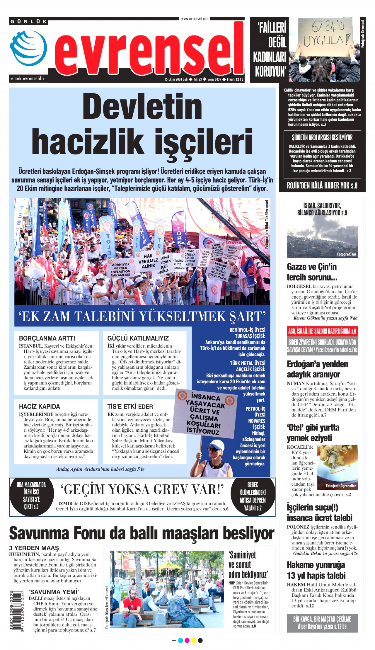 EVRENSEL gazetesinin 15 Ekim 2024 tarihli birinci sayfası