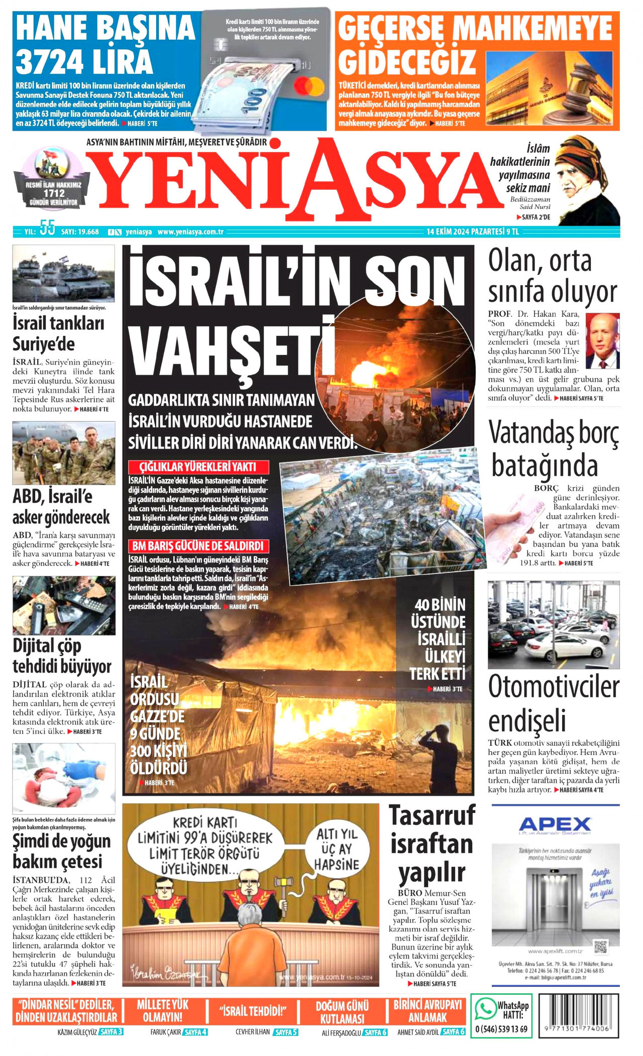 YENİ ASYA gazetesinin 15 Ekim 2024 tarihli birinci sayfası