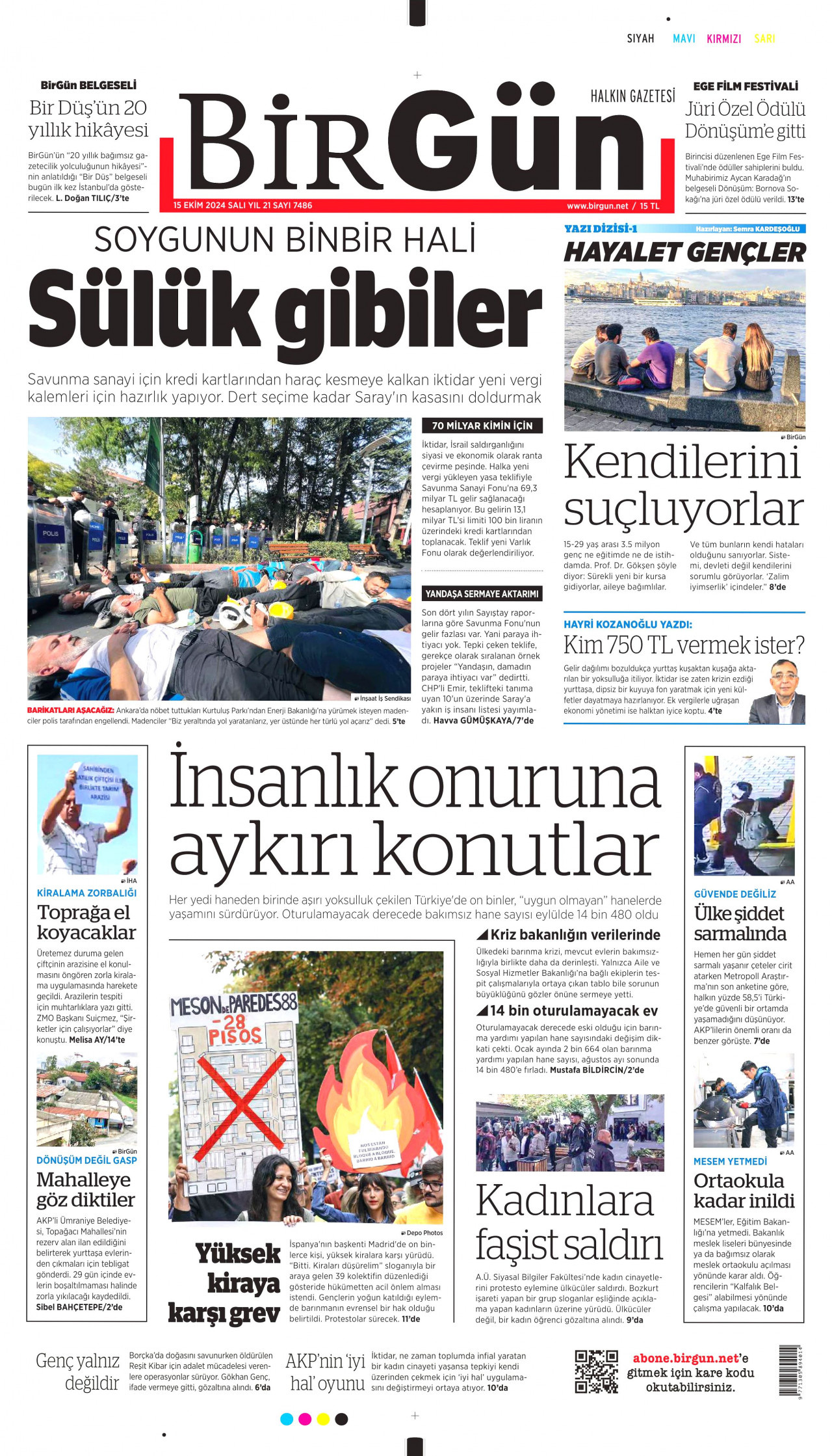 BİRGÜN gazetesinin 15 Ekim 2024 tarihli birinci sayfası