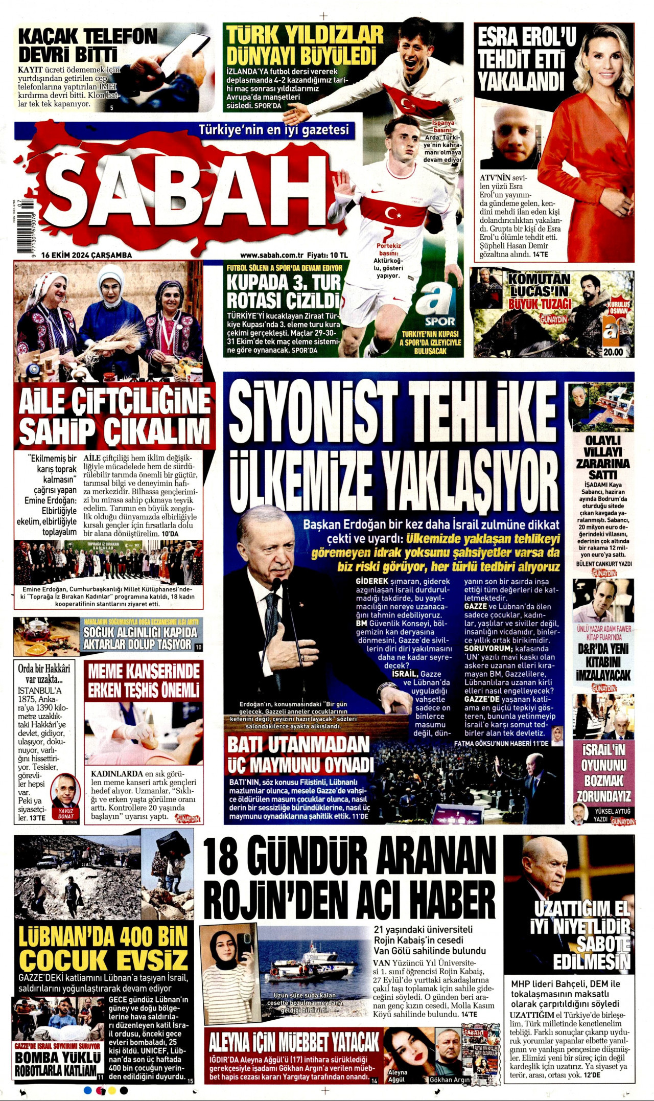 SABAH gazetesinin 16 Ekim 2024 tarihli birinci sayfası