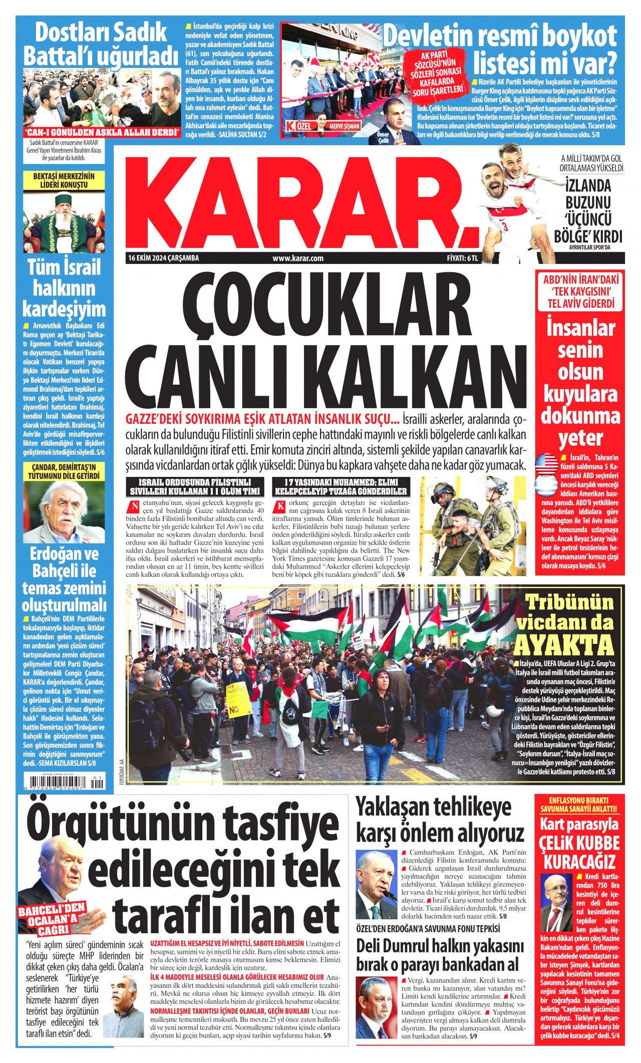 KARAR gazetesinin 16 Ekim 2024 tarihli birinci sayfası
