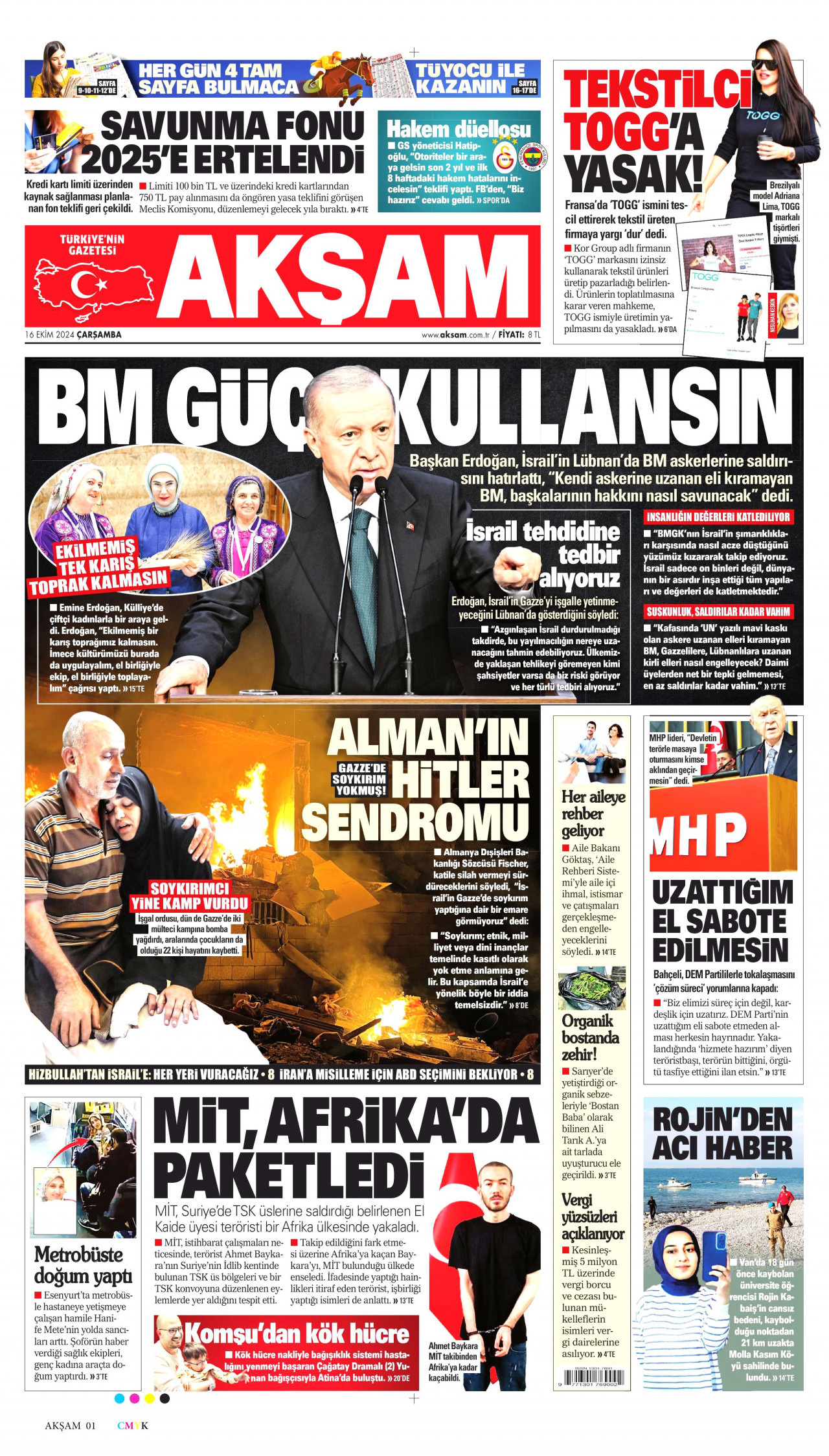 AKŞAM gazetesinin 16 Ekim 2024 tarihli birinci sayfası