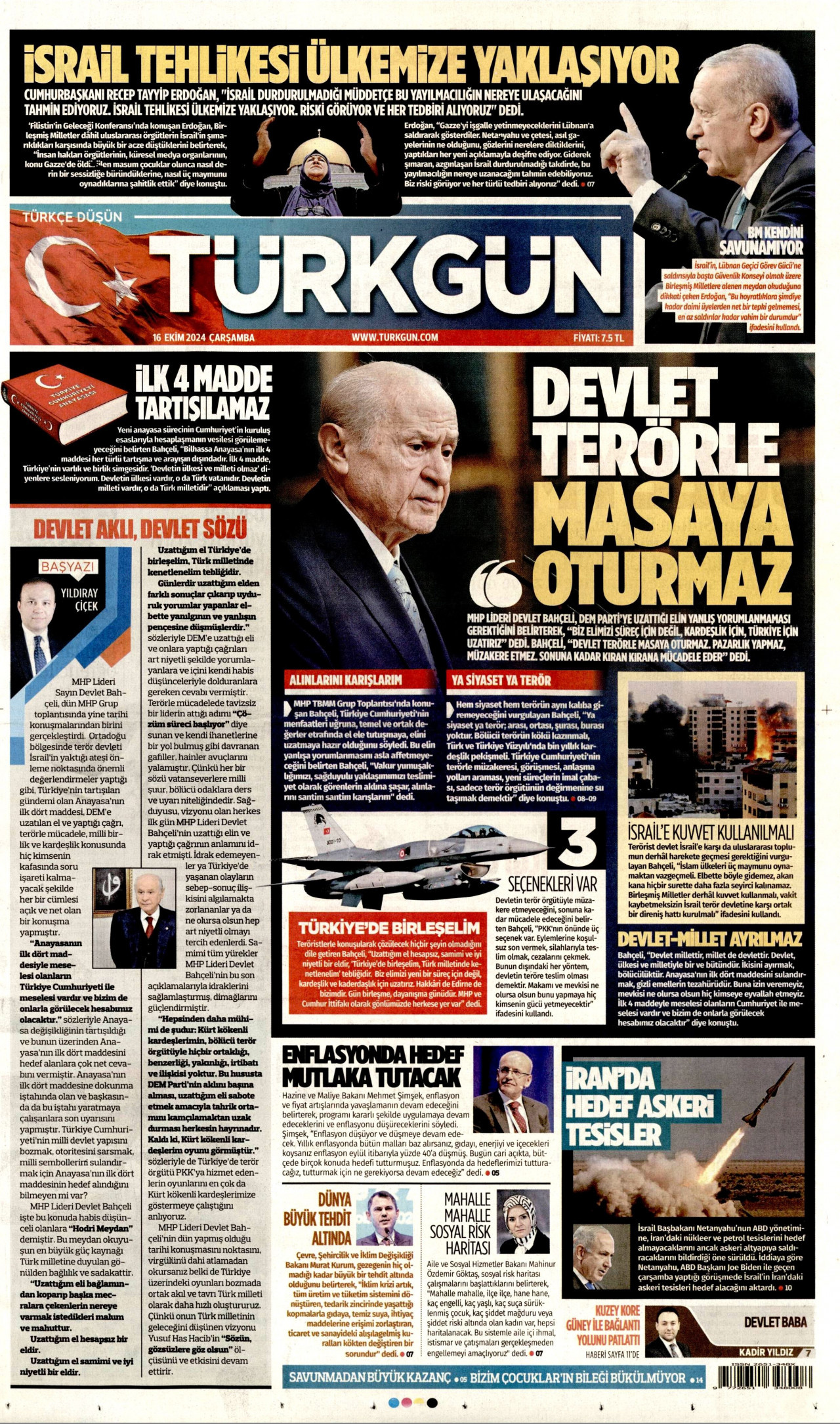 TÜRKGÜN gazetesinin 16 Ekim 2024 tarihli birinci sayfası
