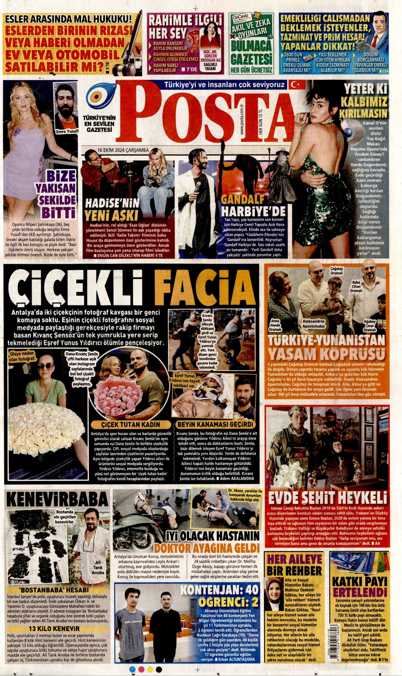 POSTA gazetesinin 16 Ekim 2024 tarihli birinci sayfası