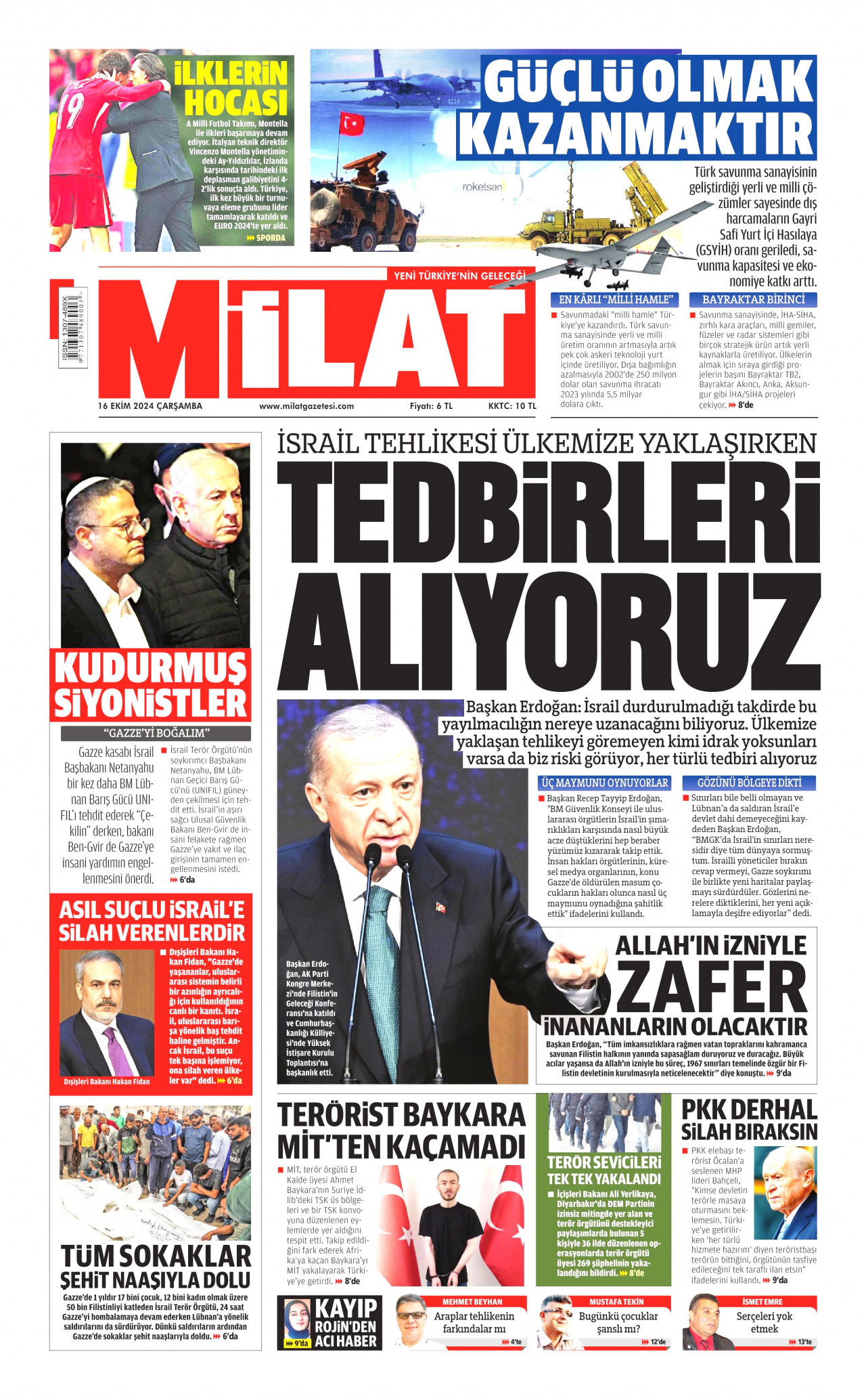 MİLAT gazetesinin 16 Ekim 2024 tarihli birinci sayfası