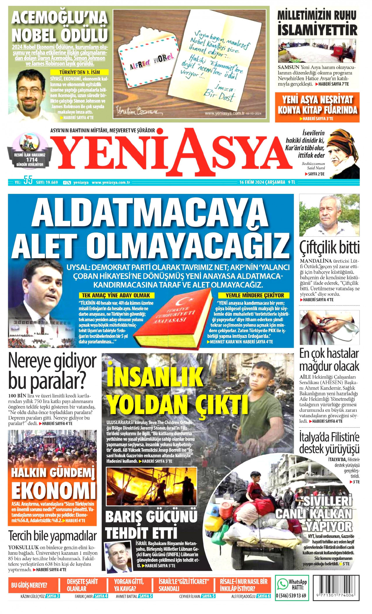 YENİ ASYA gazetesinin 16 Ekim 2024 tarihli birinci sayfası