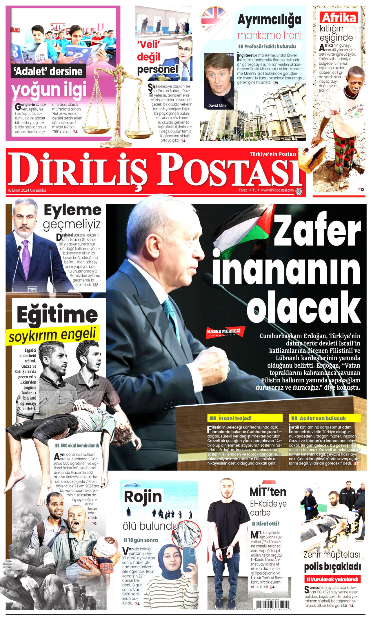 DİRİLİŞ POSTASI gazetesinin 16 Ekim 2024 tarihli birinci sayfası
