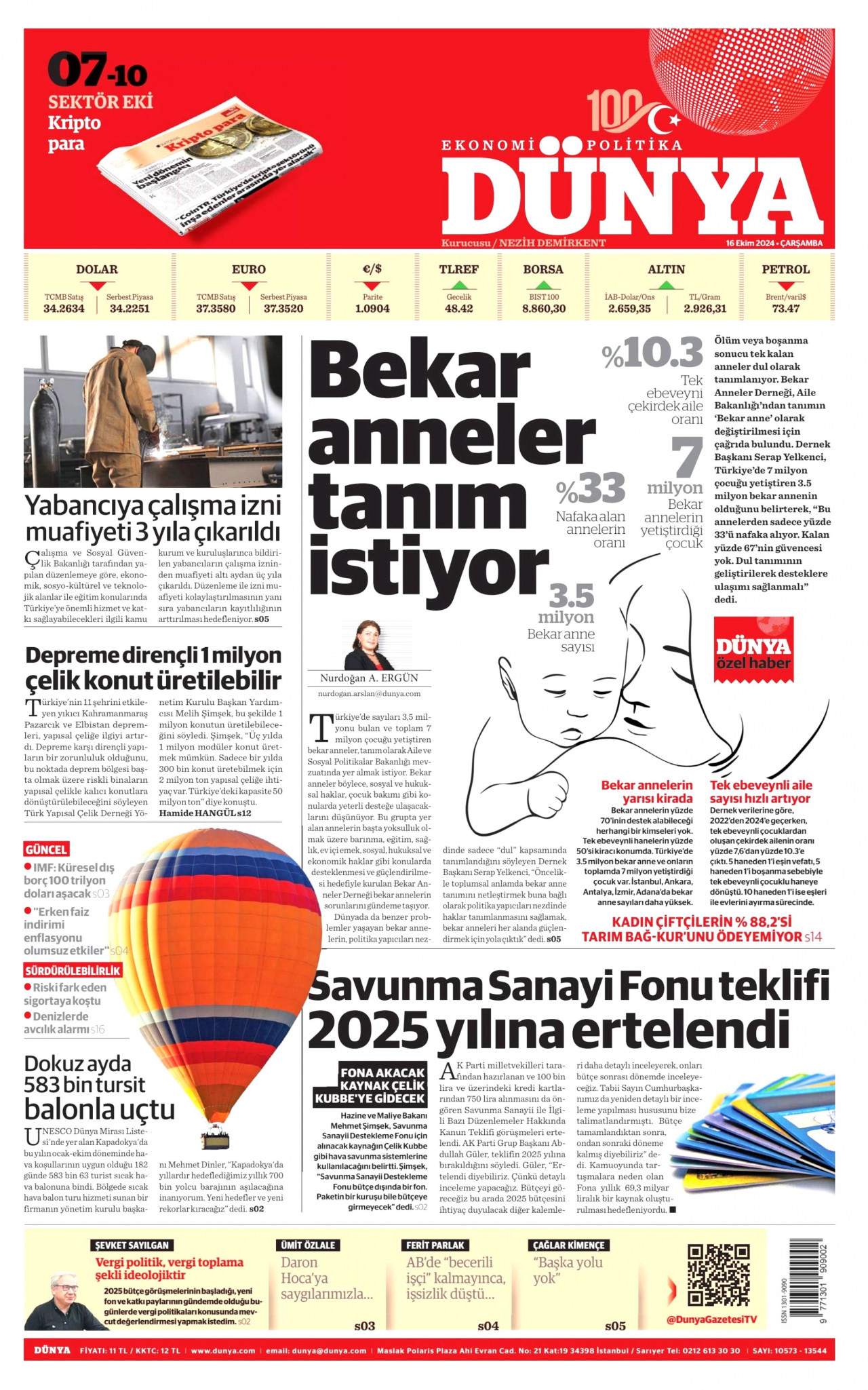 DÜNYA gazetesinin 16 Ekim 2024 tarihli birinci sayfası