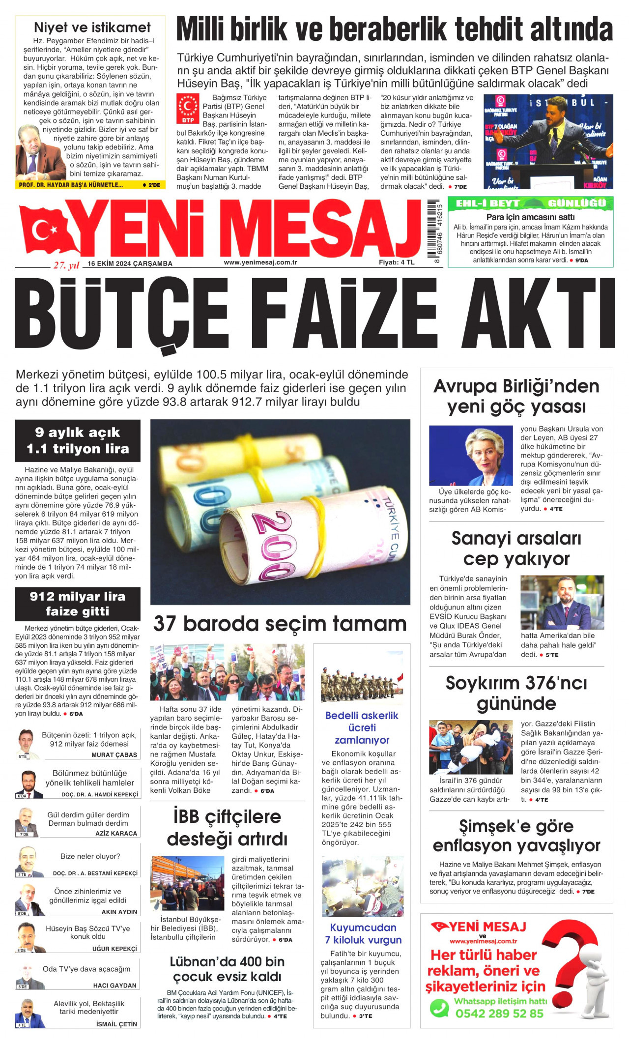 YENİ MESAJ gazetesinin 16 Ekim 2024 tarihli birinci sayfası