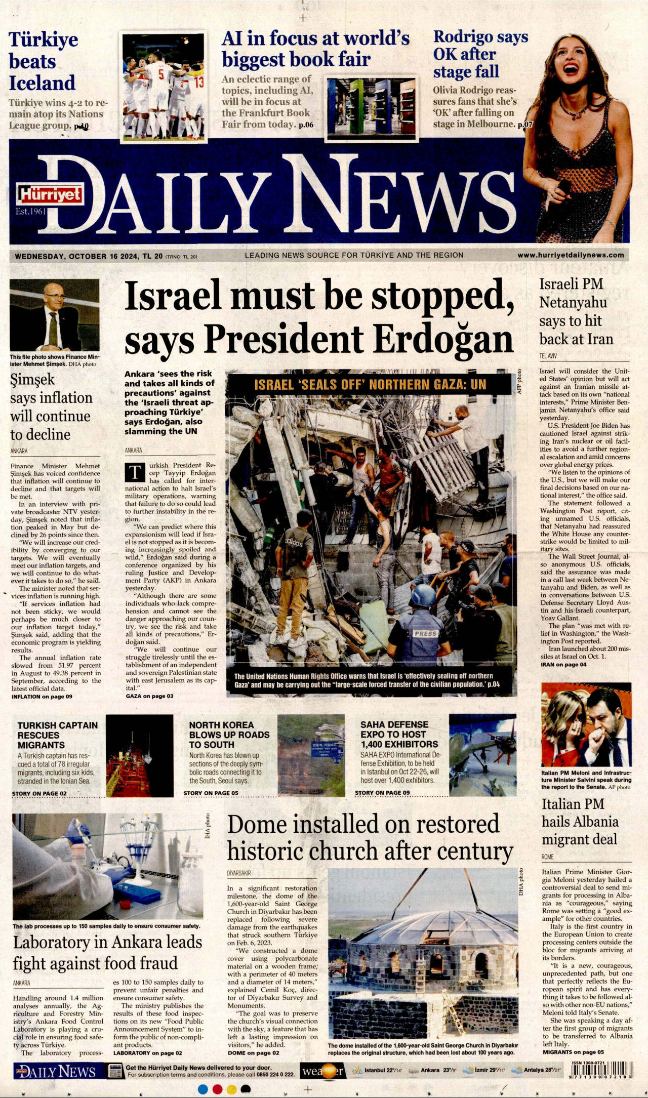 HÜRRİYET DAİLY NEWS gazetesinin 16 Ekim 2024 tarihli birinci sayfası