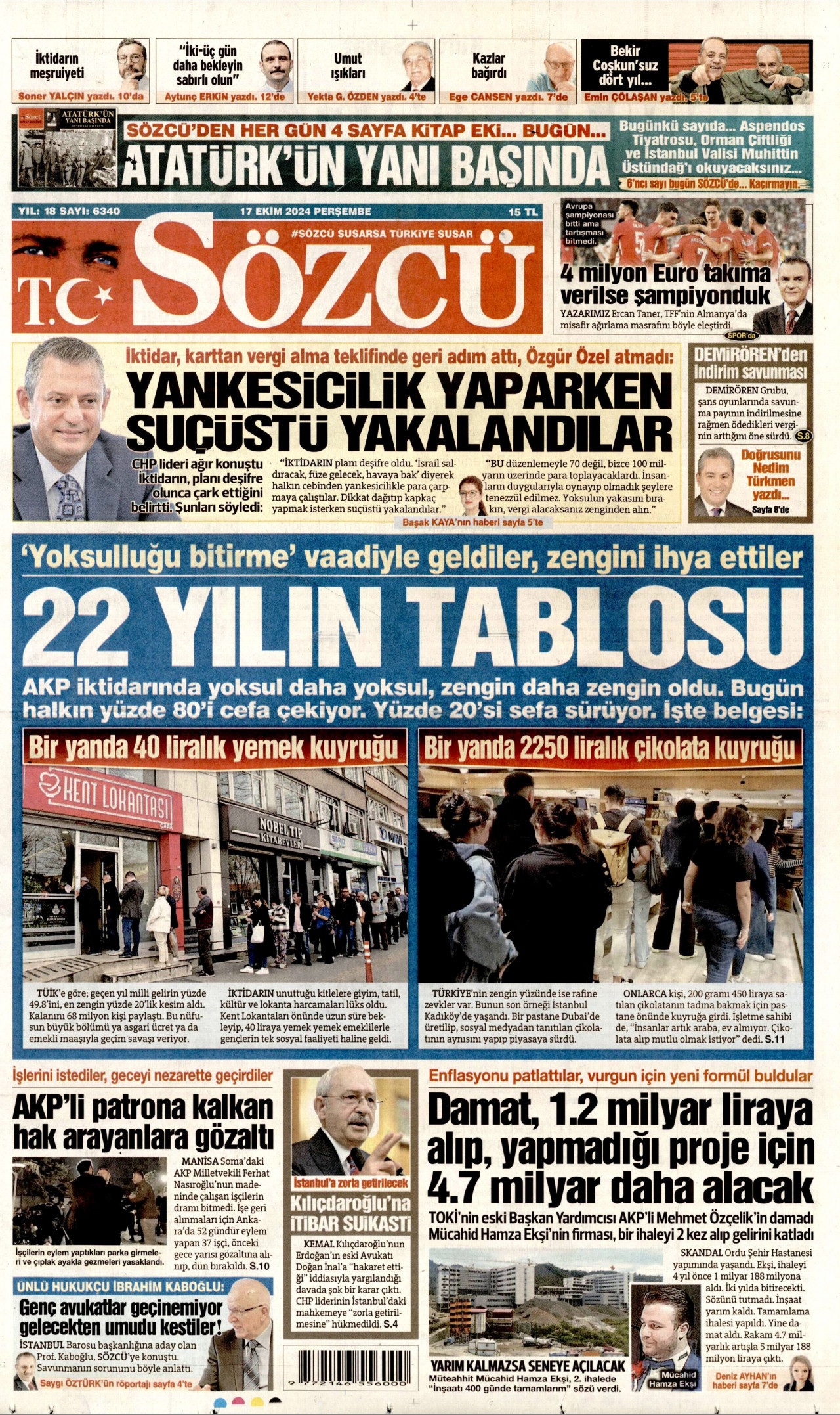 SÖZCÜ gazetesinin 17 Ekim 2024 tarihli birinci sayfası