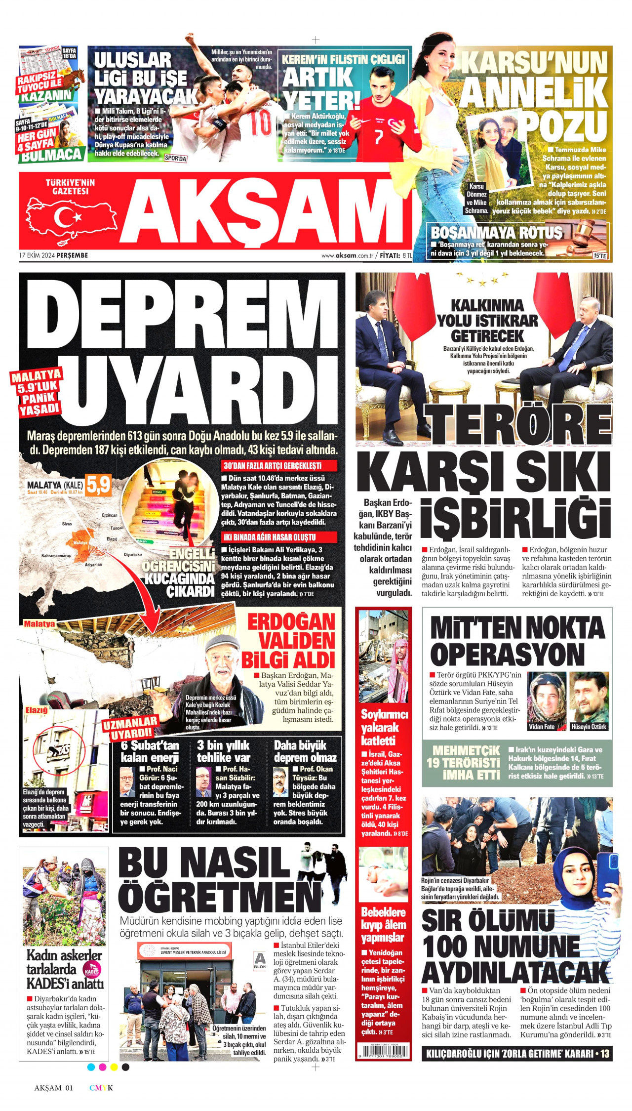 AKŞAM gazetesinin 17 Ekim 2024 tarihli birinci sayfası