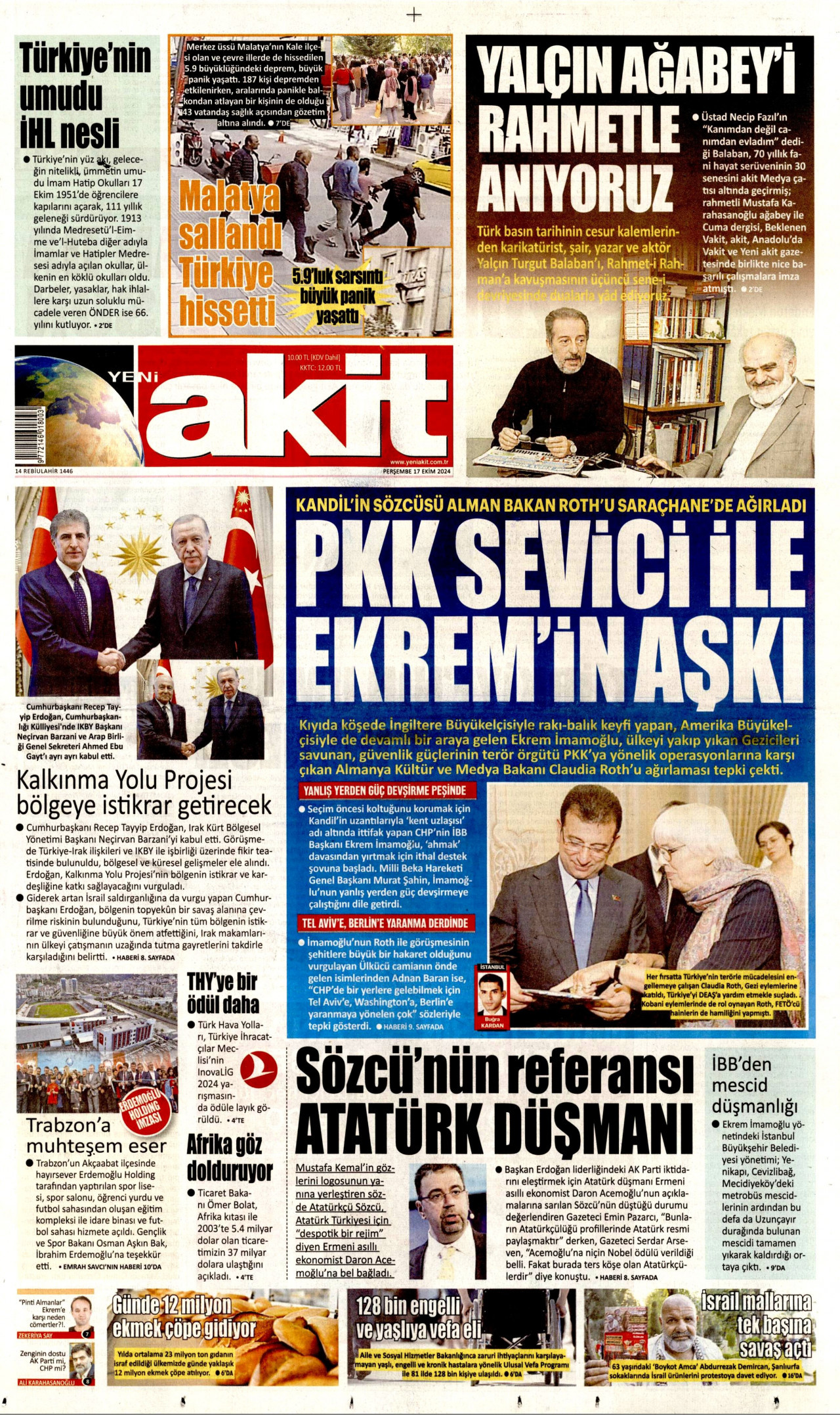 YENİ AKİT gazetesinin 17 Ekim 2024 tarihli birinci sayfası