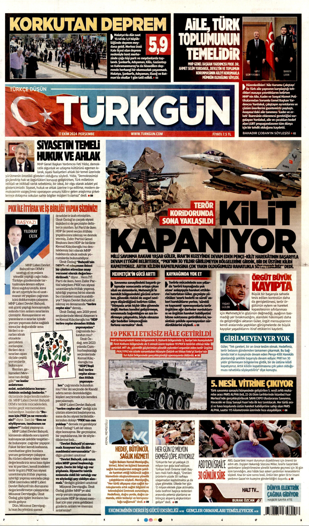 TÜRKGÜN gazetesinin 17 Ekim 2024 tarihli birinci sayfası