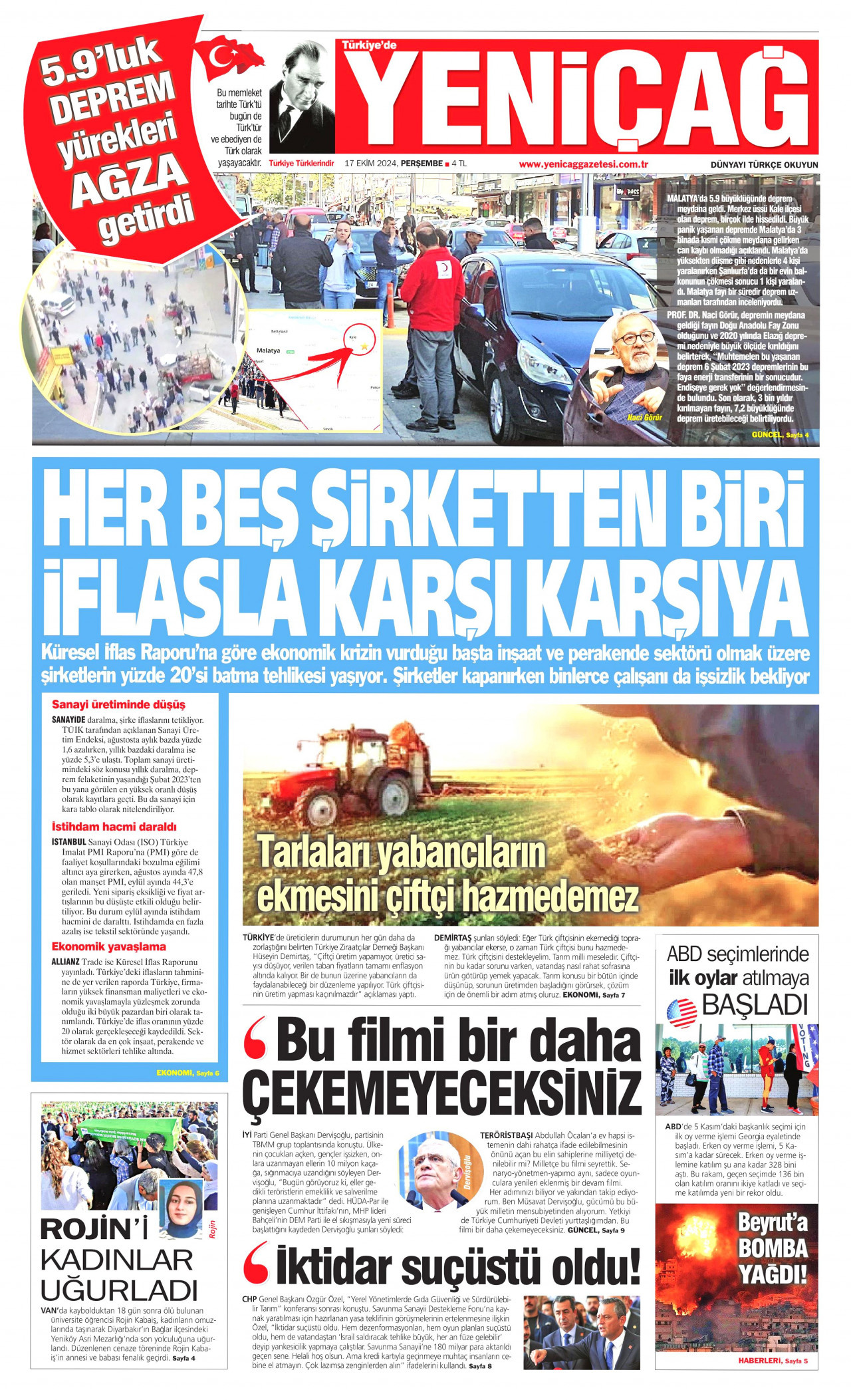 YENİÇAĞ gazetesinin 17 Ekim 2024 tarihli birinci sayfası