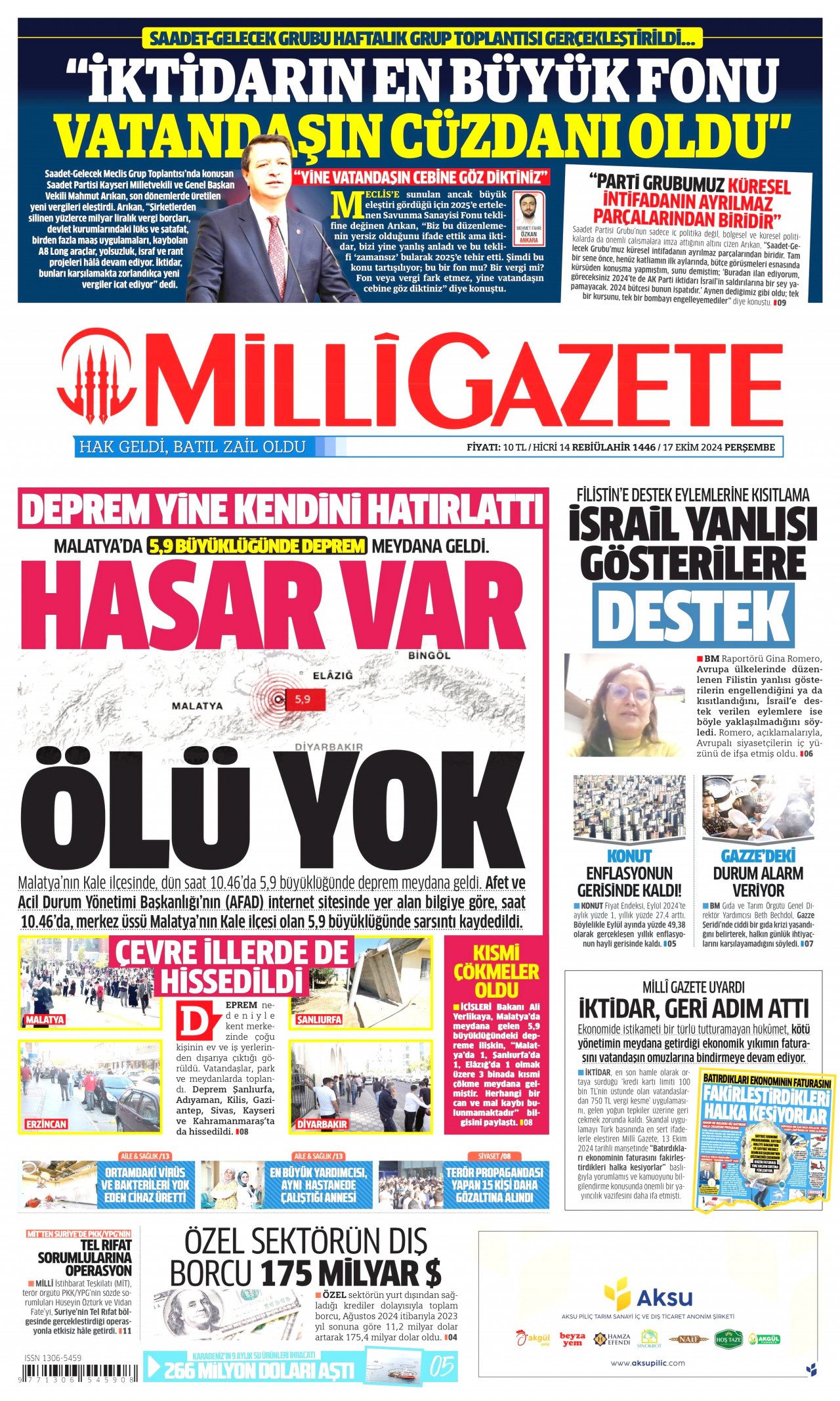 MİLLİ GAZETE gazetesinin 17 Ekim 2024 tarihli birinci sayfası