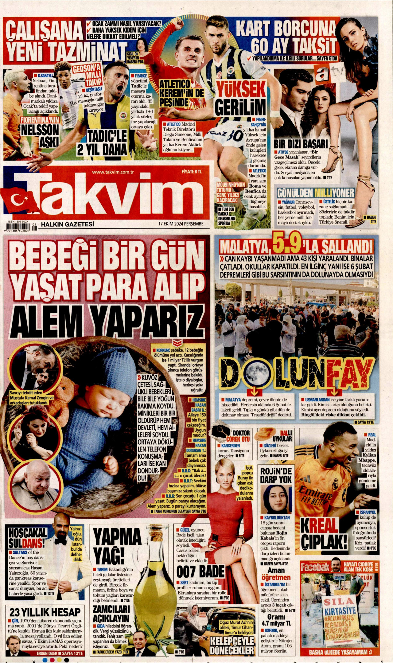 TAKVİM gazetesinin 17 Ekim 2024 tarihli birinci sayfası