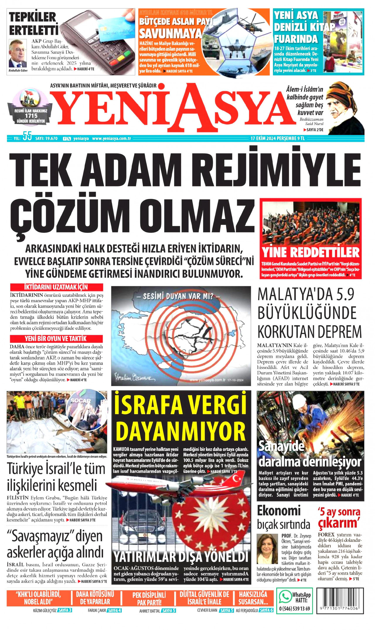 YENİ ASYA gazetesinin 17 Ekim 2024 tarihli birinci sayfası