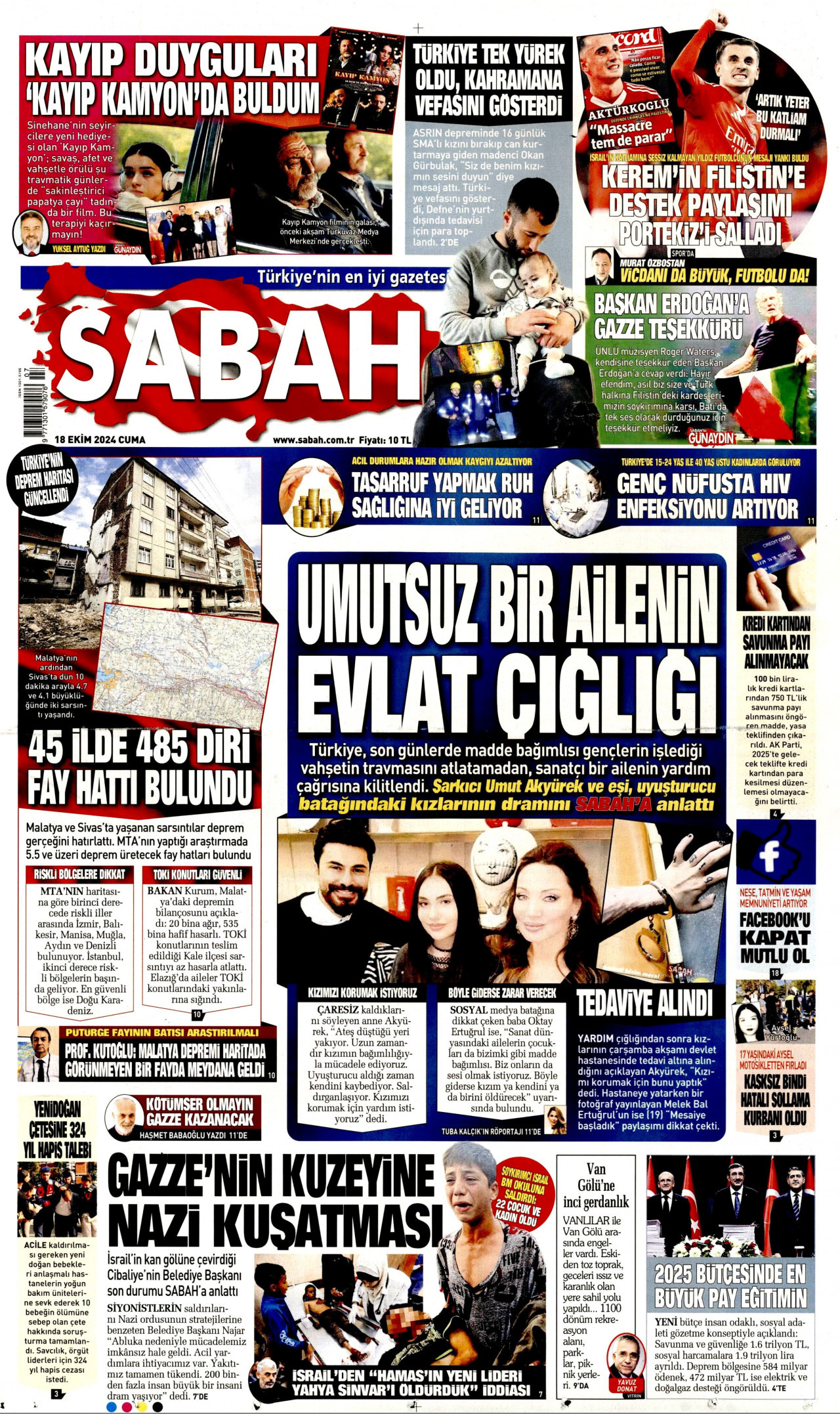 SABAH gazetesinin 18 Ekim 2024 tarihli birinci sayfası