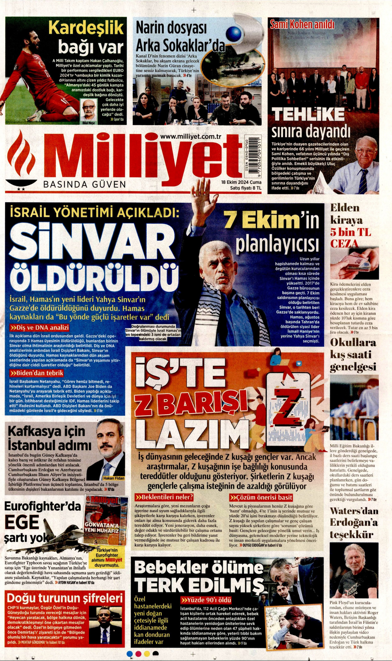 MİLLİYET gazetesinin 18 Ekim 2024 tarihli birinci sayfası