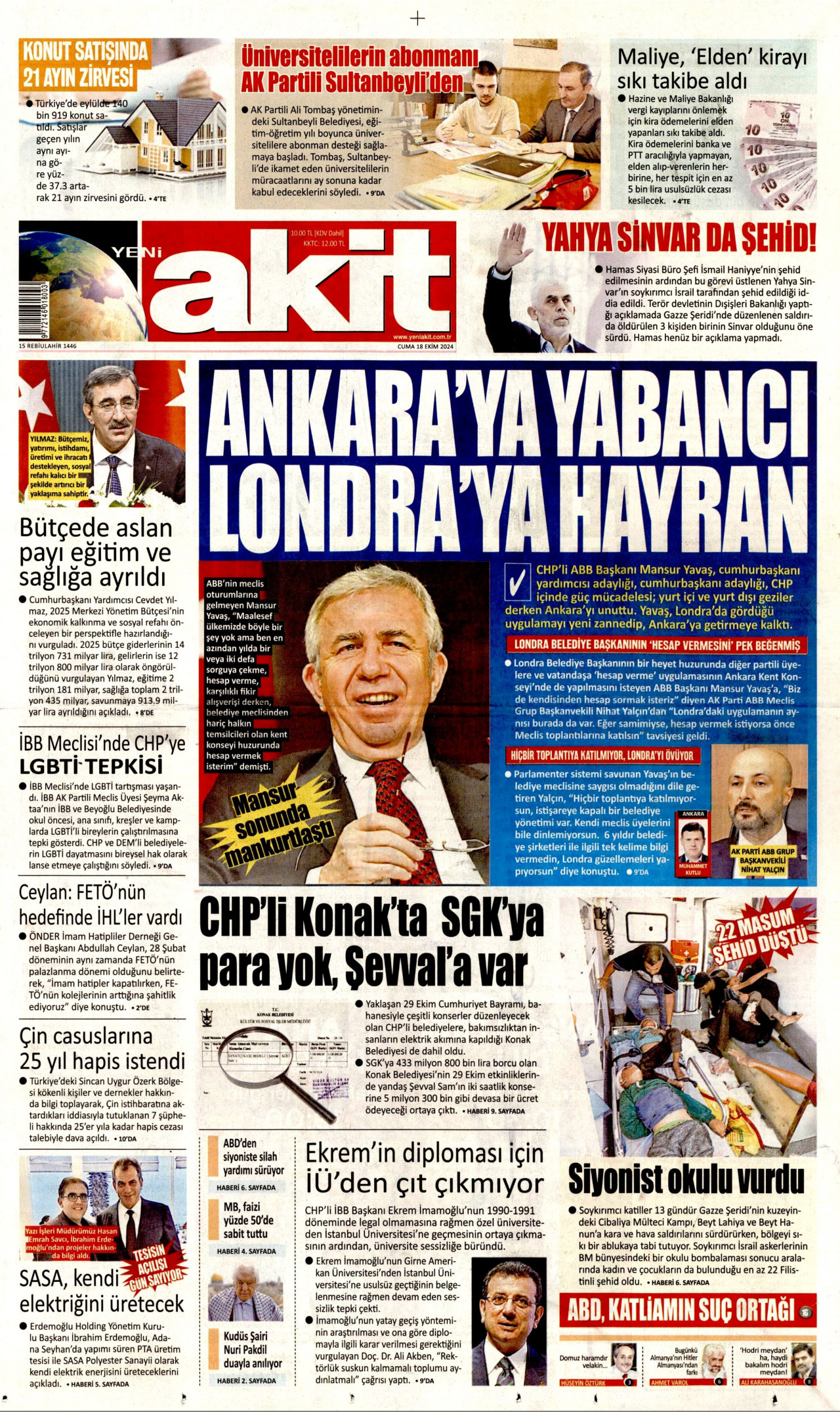 YENİ AKİT gazetesinin 18 Ekim 2024 tarihli birinci sayfası