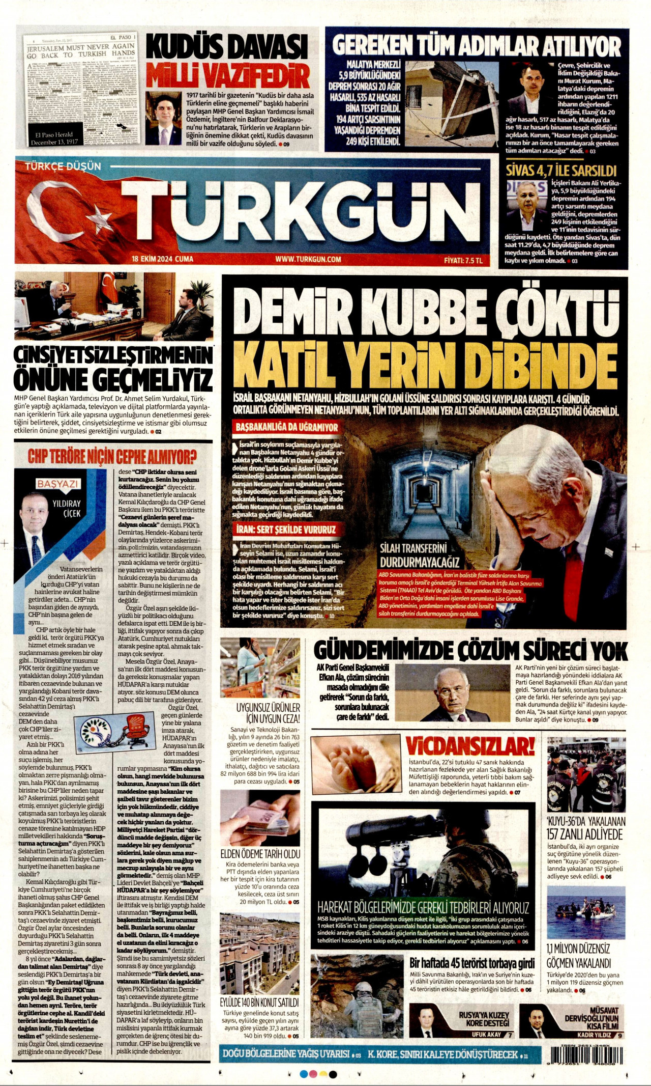 TÜRKGÜN gazetesinin 18 Ekim 2024 tarihli birinci sayfası