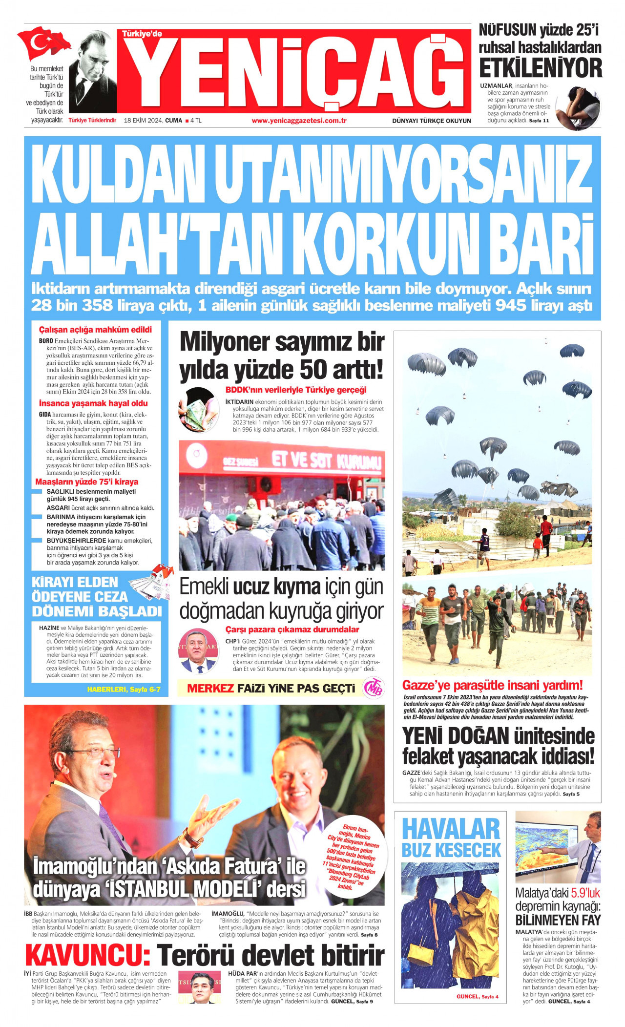 YENİÇAĞ gazetesinin 18 Ekim 2024 tarihli birinci sayfası